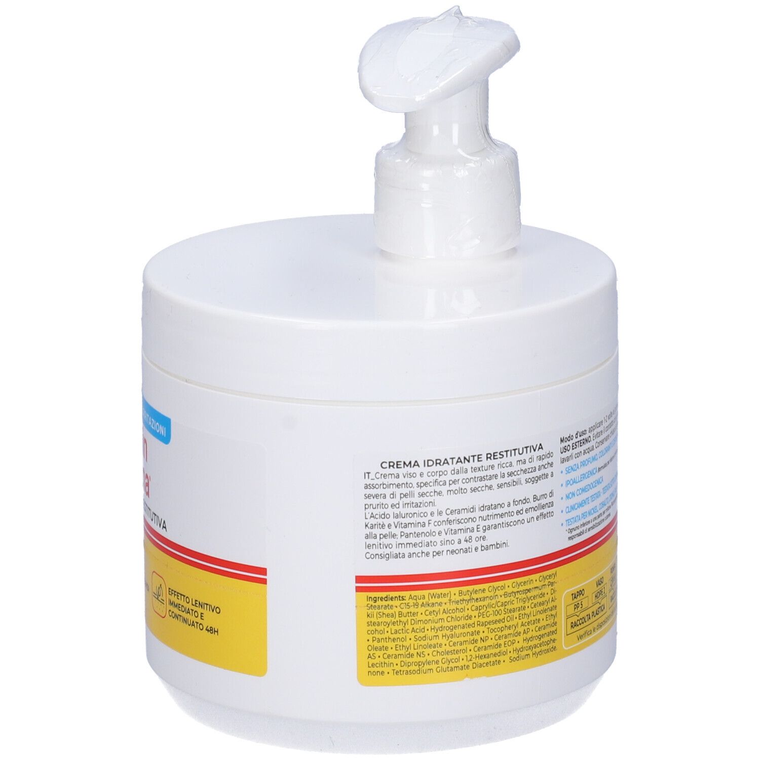 Rückseite der weißen Dose mit Pumpaufsatz. Text auf gelbem Streifen. Aufschrift: Crema Idratante Restitutiva. Inhaltsstoffe.