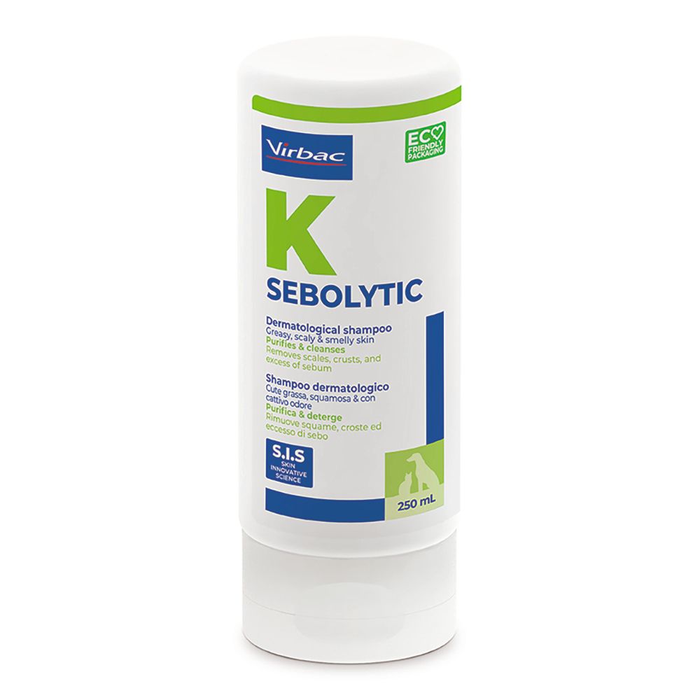 Shampoo dermatologico Virbac K Sebolytic per pelli grasse e maleodoranti, 250 ml.
