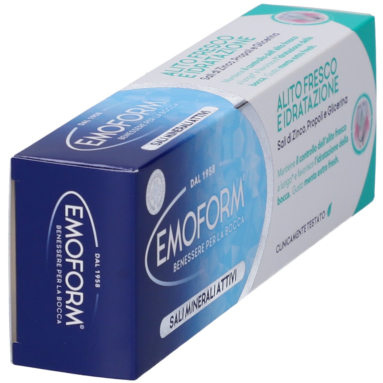Emoform Saliminerali Attivi Box. Blaue und weiße Verpackung mit Produktinformationen.