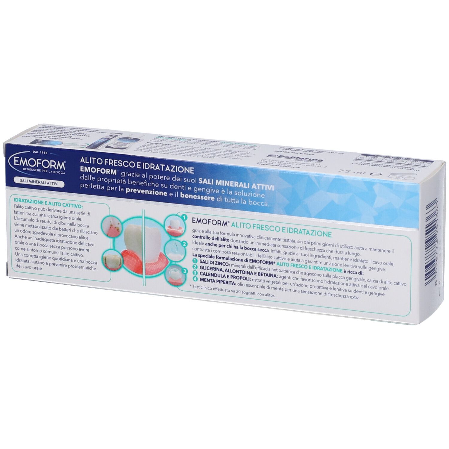 Packung von EMOFORM Mundspülung mit Informationen zu Inhaltsstoffen und Anwendung.