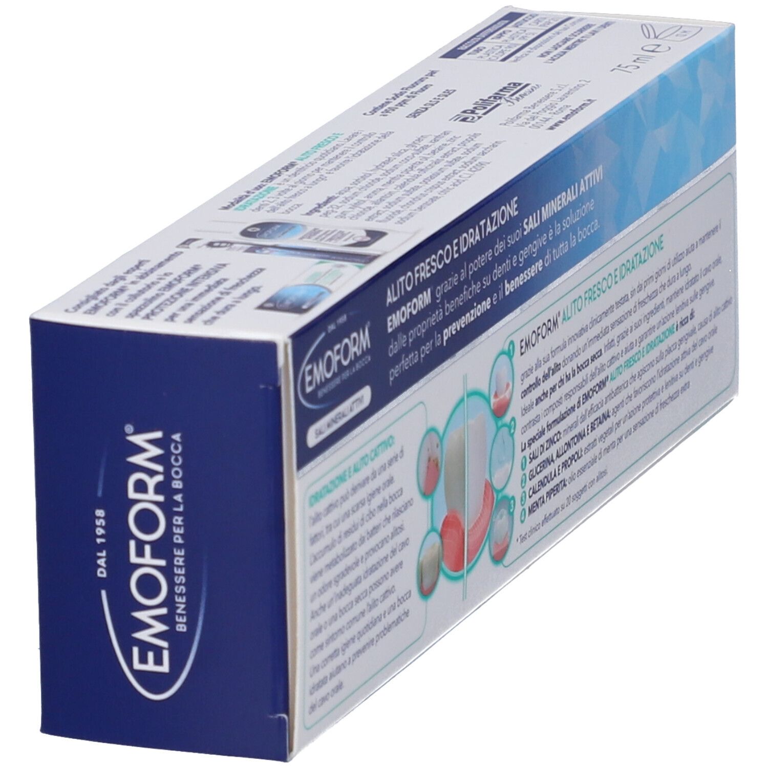 Emoform Zahnpasta-Karton mit blauer und weißer Beschriftung, zeigt Produktinformationen und Grafiken.