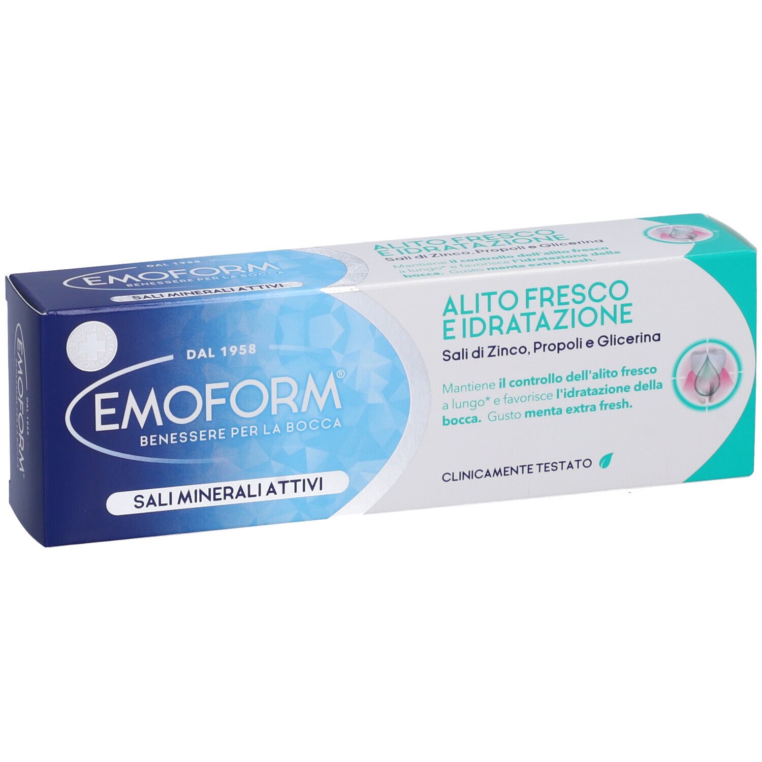 Emoform Zahnpasta-Verpackung mit Aufschrift 'Alito Fresco e Idratazione' und 'Sali Minerali Attivi'.