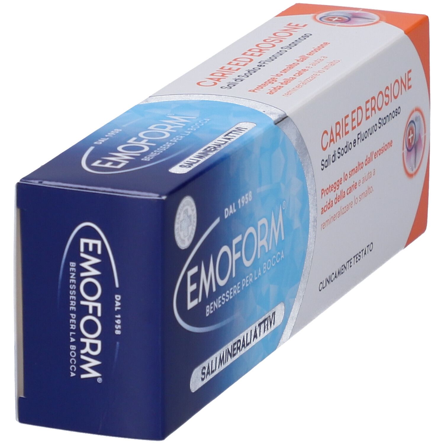 EMOFORM Zahnpasta-Verpackung mit Text 'Carie ed Erosione' und 'Sali Minerali Attivi'.