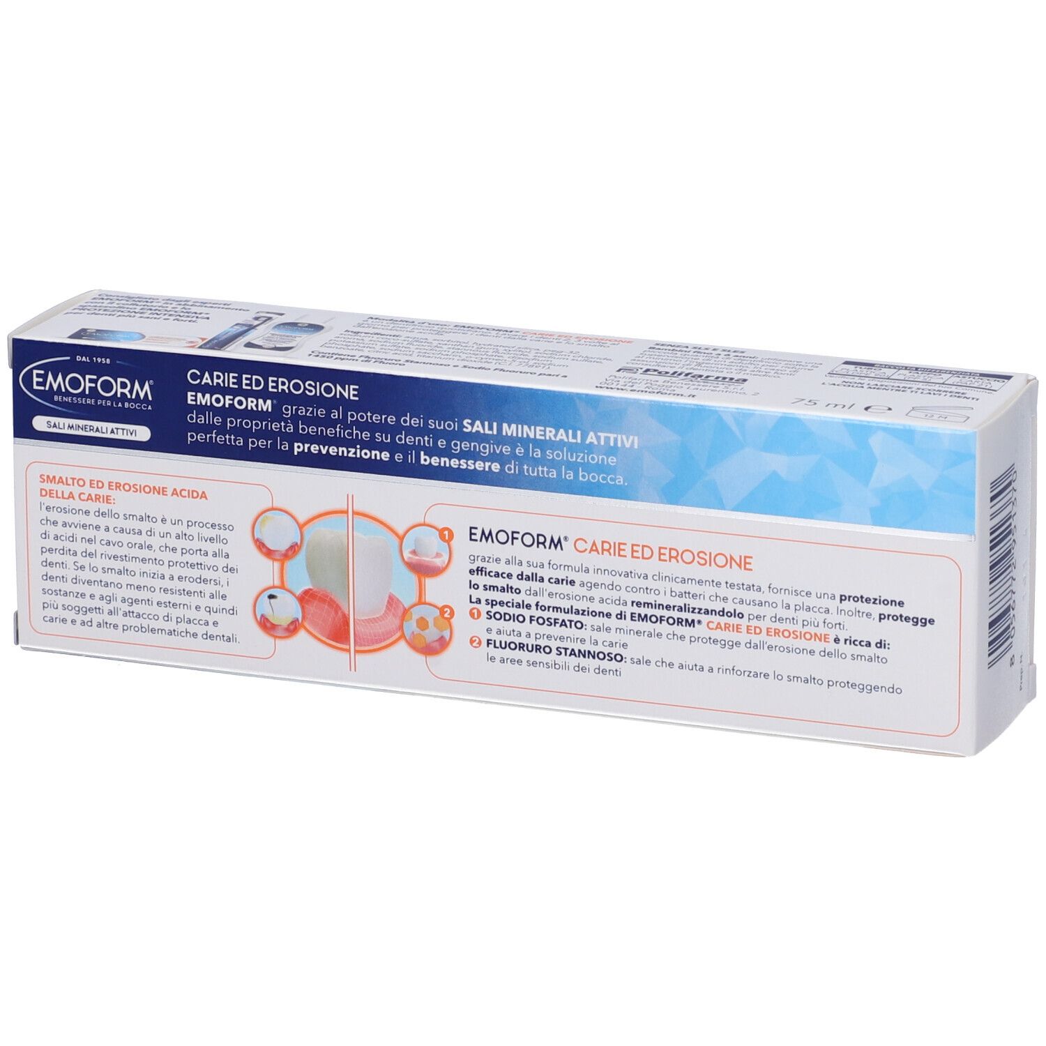 EMOFORM Zahnpasta-Verpackung mit Informationen zu Kariesschutz und Erosion.