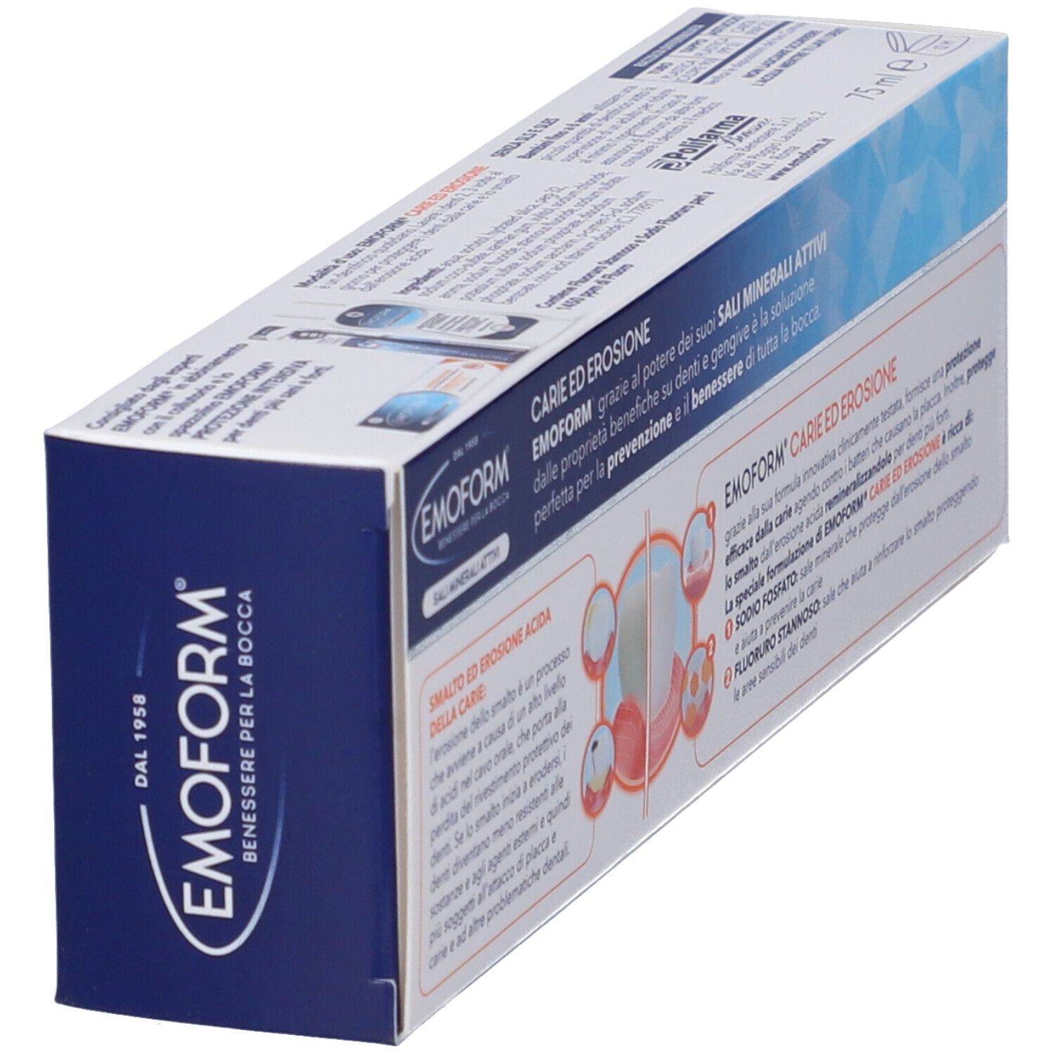 EMOFORM Zahnpasta-Verpackung mit Informationen zu Mineralien und Zahnerosion.