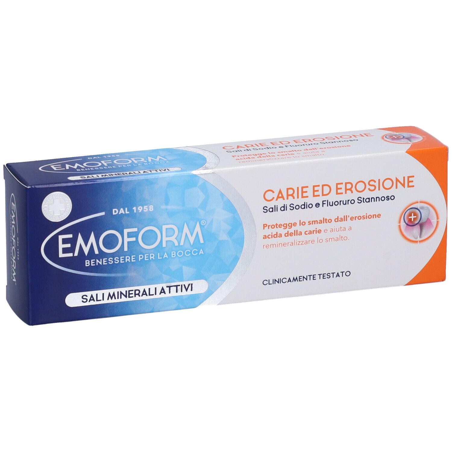 EMOFORM Zahnpasta-Verpackung für Karies und Erosion mit Mineralien.
