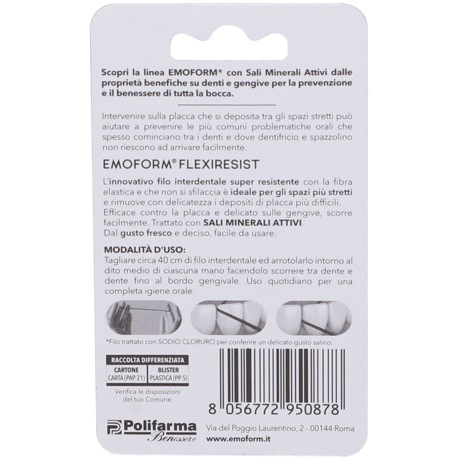 Rückseite der Emoform Flexiresist Verpackung. Textinformationen, Produktbeschreibung, Anwendungshinweise und Herstellerangaben.