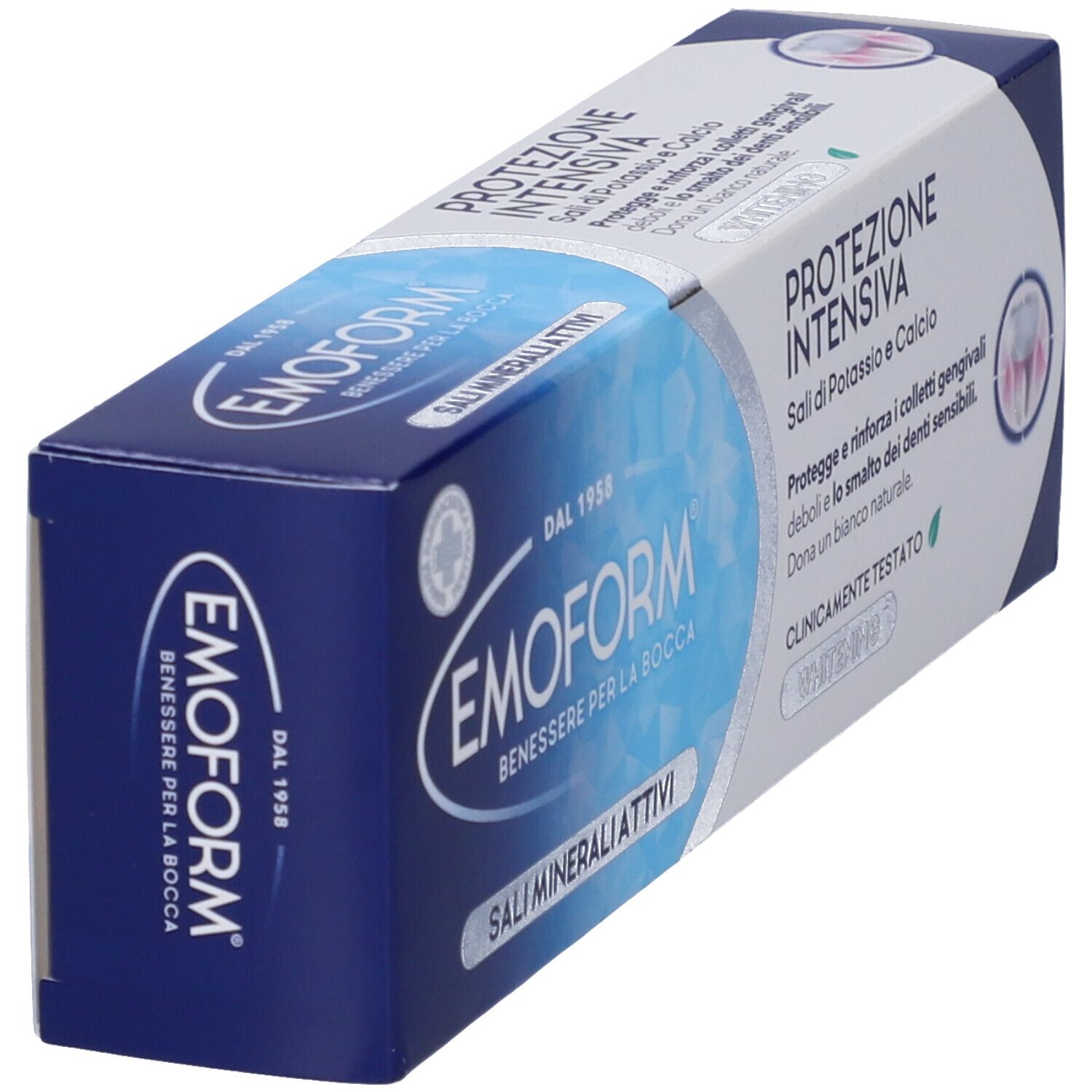 Emoform Zahnpasta-Verpackung mit intensivem Schutz und Mineralien.