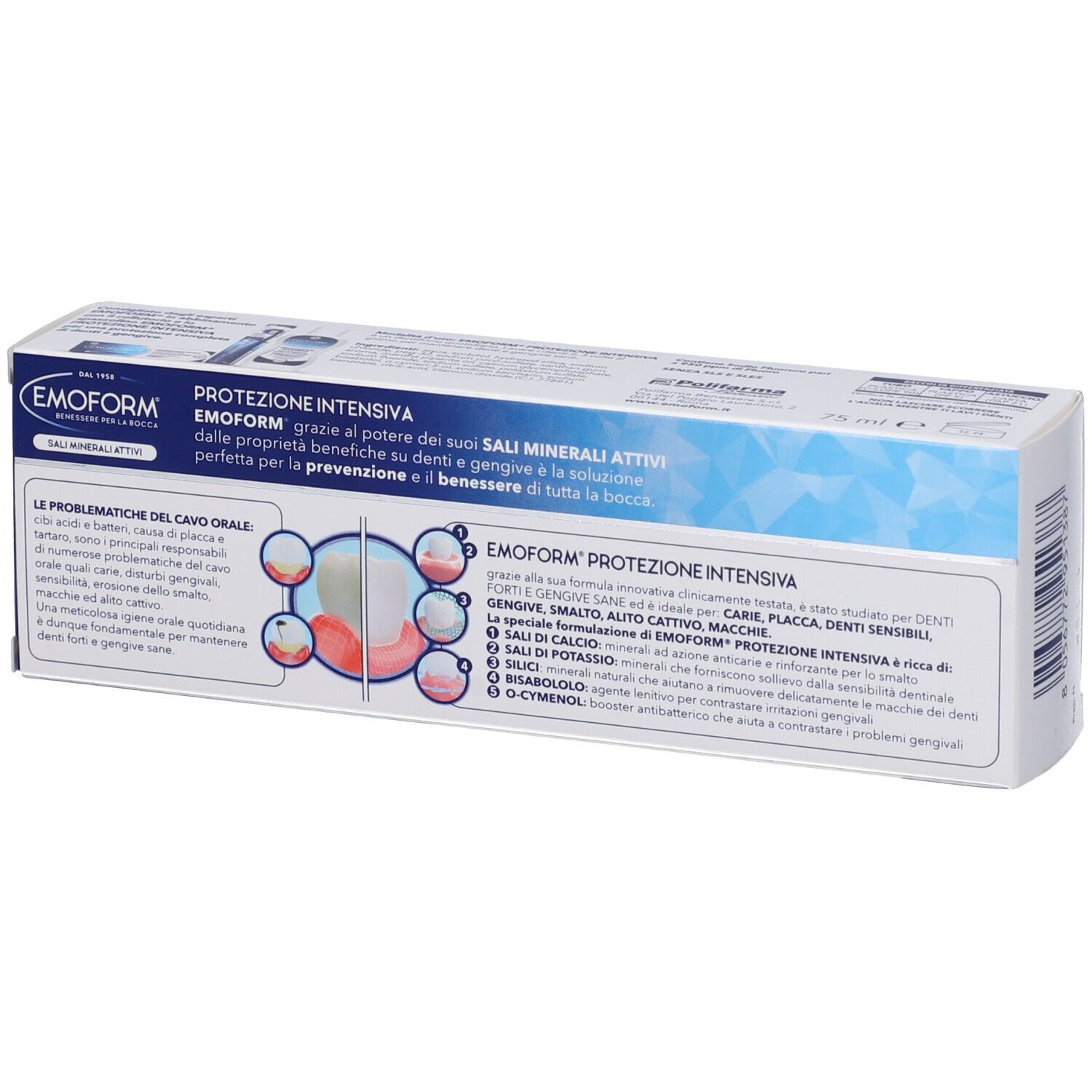 EMOFORM Intensive Schutz Zahnpasta-Verpackung mit Informationen zu Mineralien und Mundgesundheit.