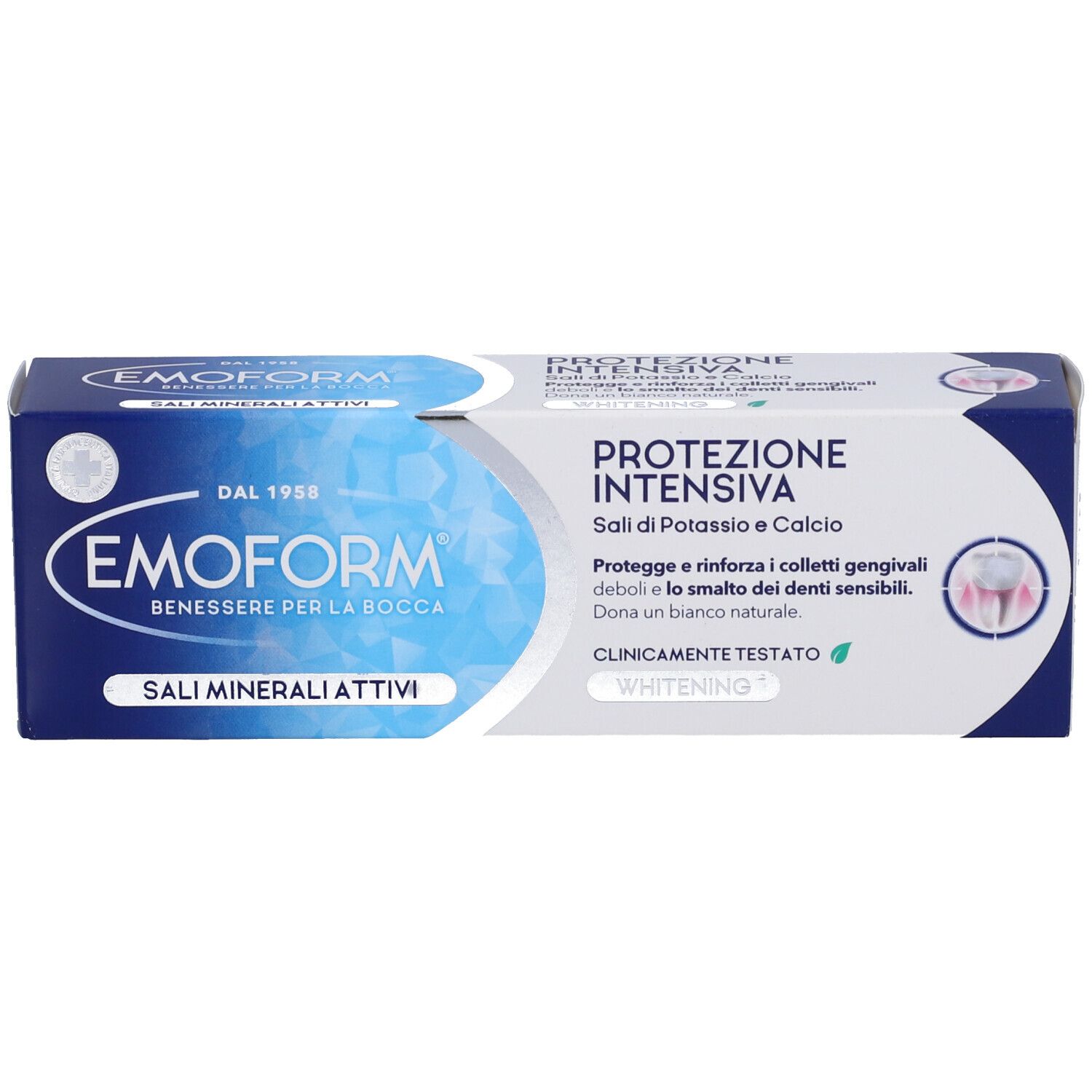 Emoform Zahnpasta-Verpackung mit 'Protezione Intensiva' Aufschrift.