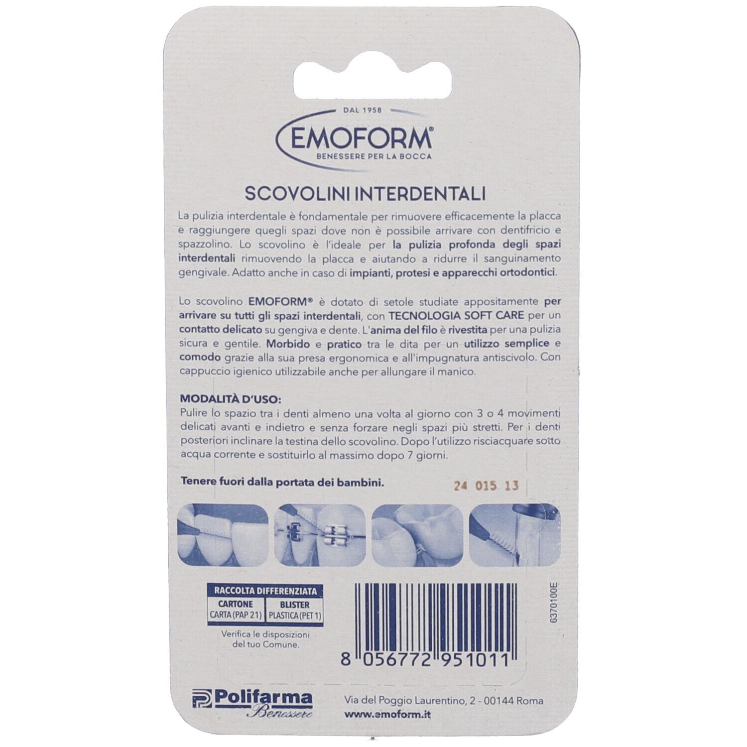 Rückseite der Verpackung von Emoform Scovolini Interdentali. Textinformationen, Logo und Illustrationen.