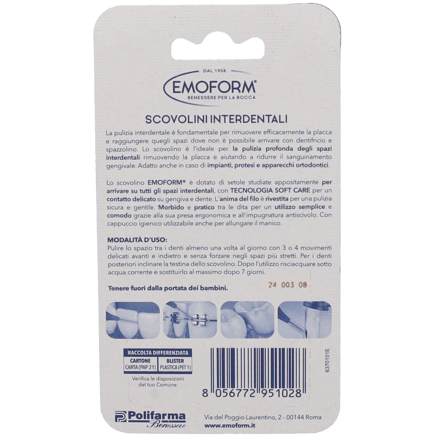 Rückseite der Verpackung mit Produktinformationen. Marke Emoform. Text auf Italienisch. Recycling-Hinweis.
