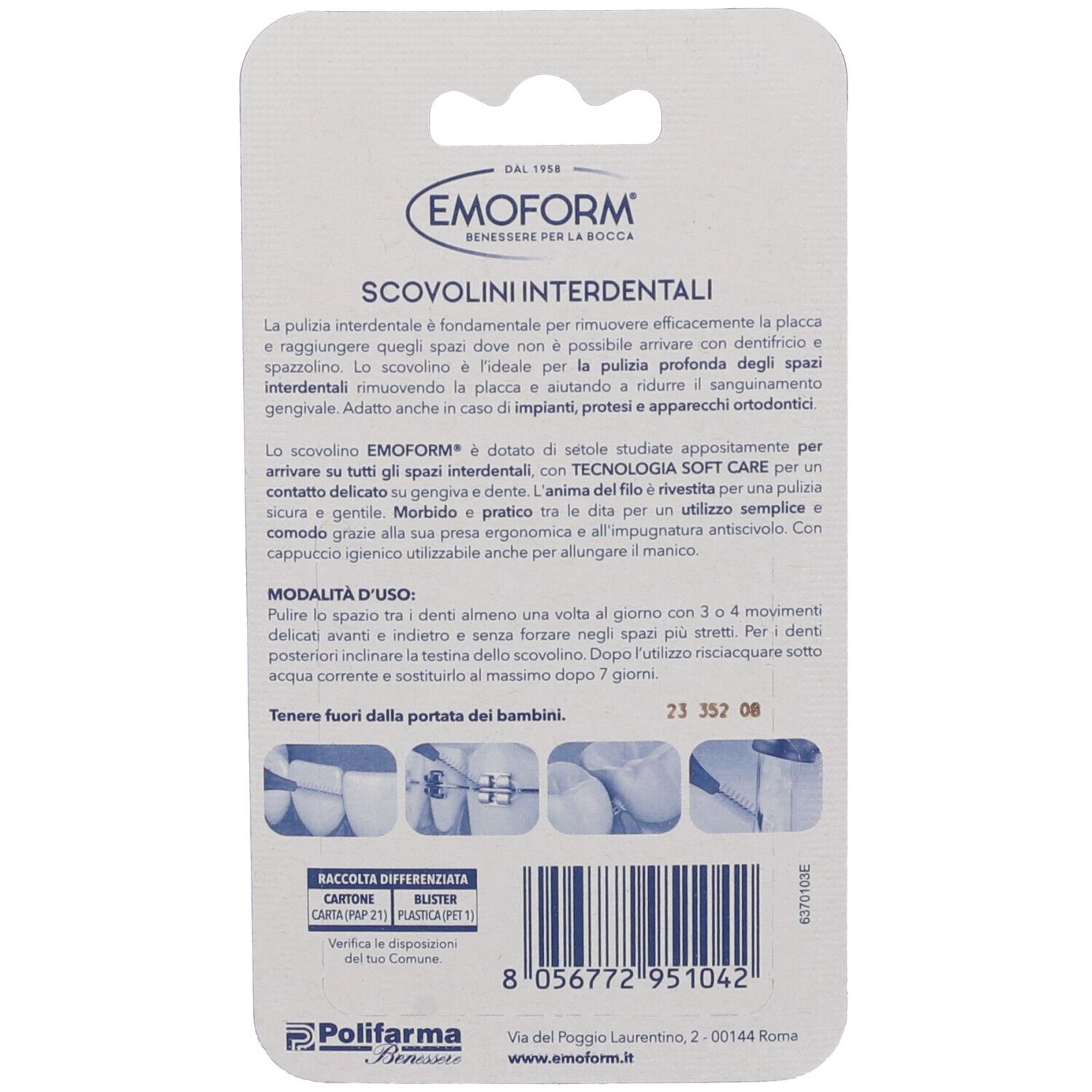 Rückseite der Blisterpackung mit Text. Marke Emoform. Informationen zu Interdentalbürsten, Gebrauchsanweisung.