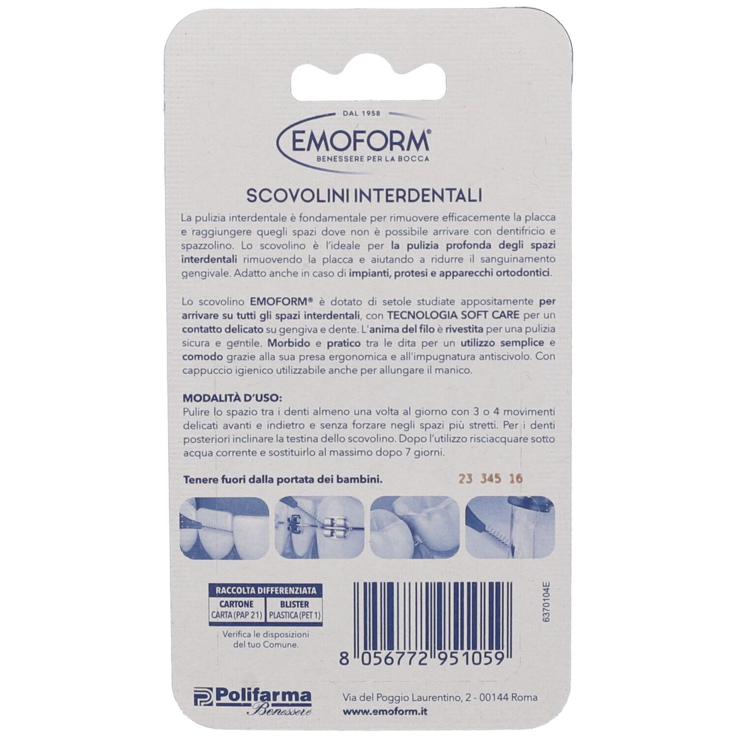 EMOFORM Interdentalbürsten-Verpackung mit Produktinformationen und Anwendungsbildern.