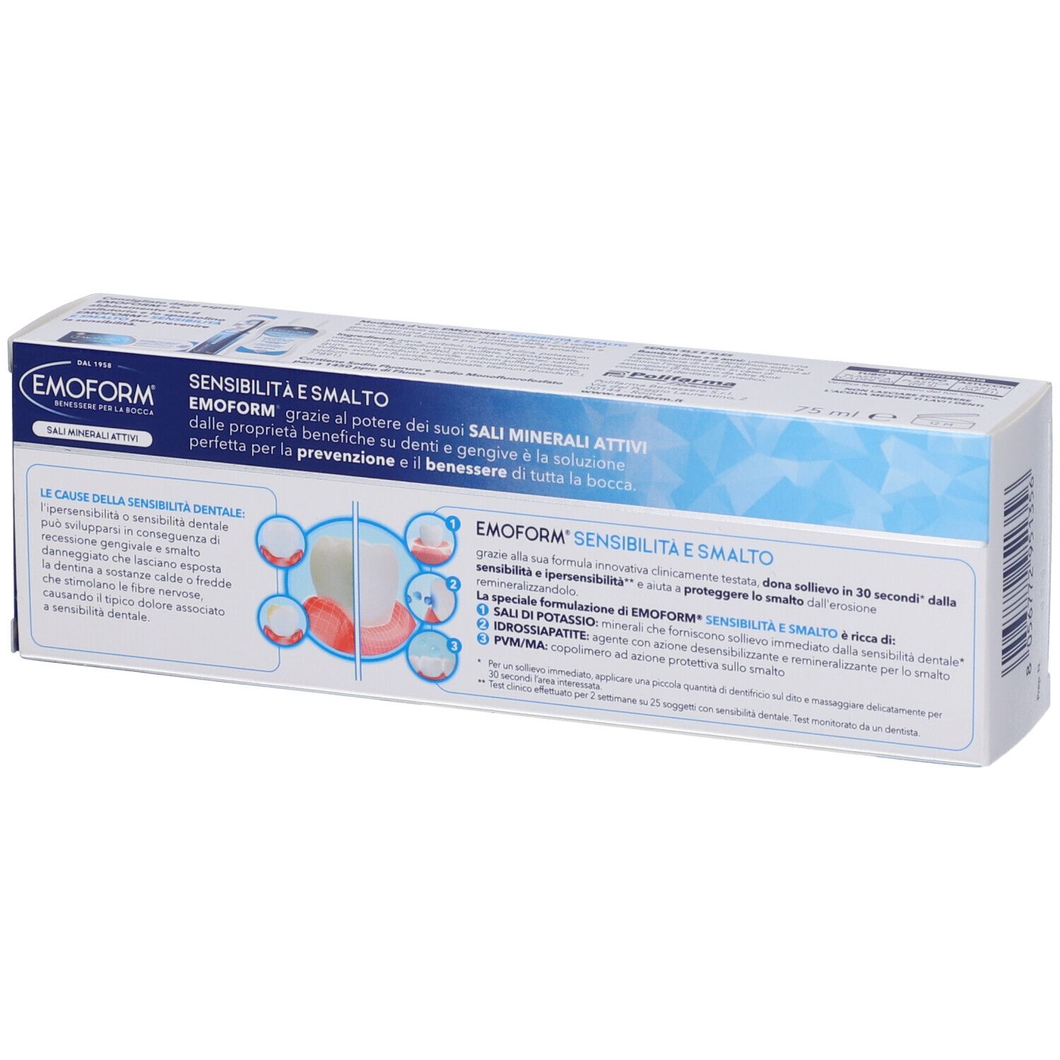 EMOFORM Sensibilità e Smalto Zahnpasta-Verpackung mit Informationen zu Mineralien und Zahnschmelz.
