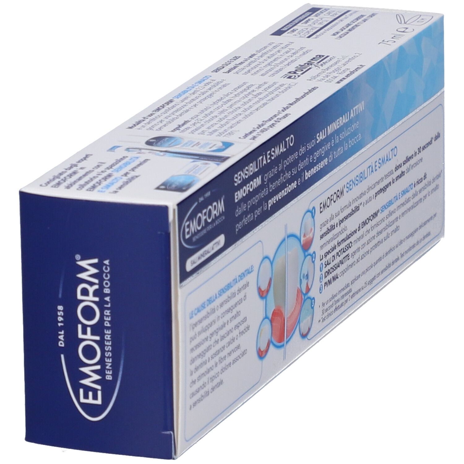 EMOFORM Zahnpasta-Verpackung mit Informationen zu Sensibilität und Zahnschmelz.