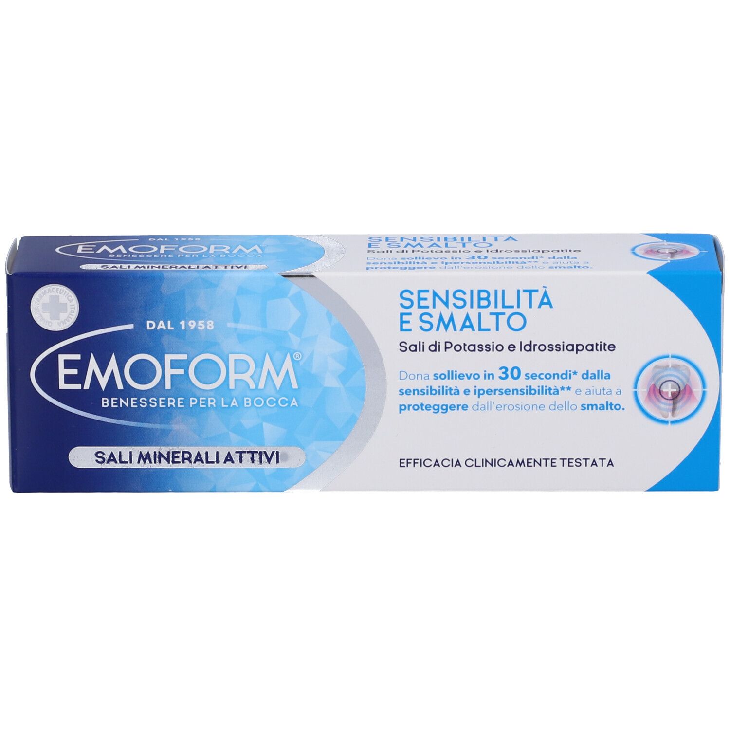 Emoform Sensibilità e Smalto Zahnpastaschachtel mit Informationen zu Kaliumsalzen und Hydroxylapatit.