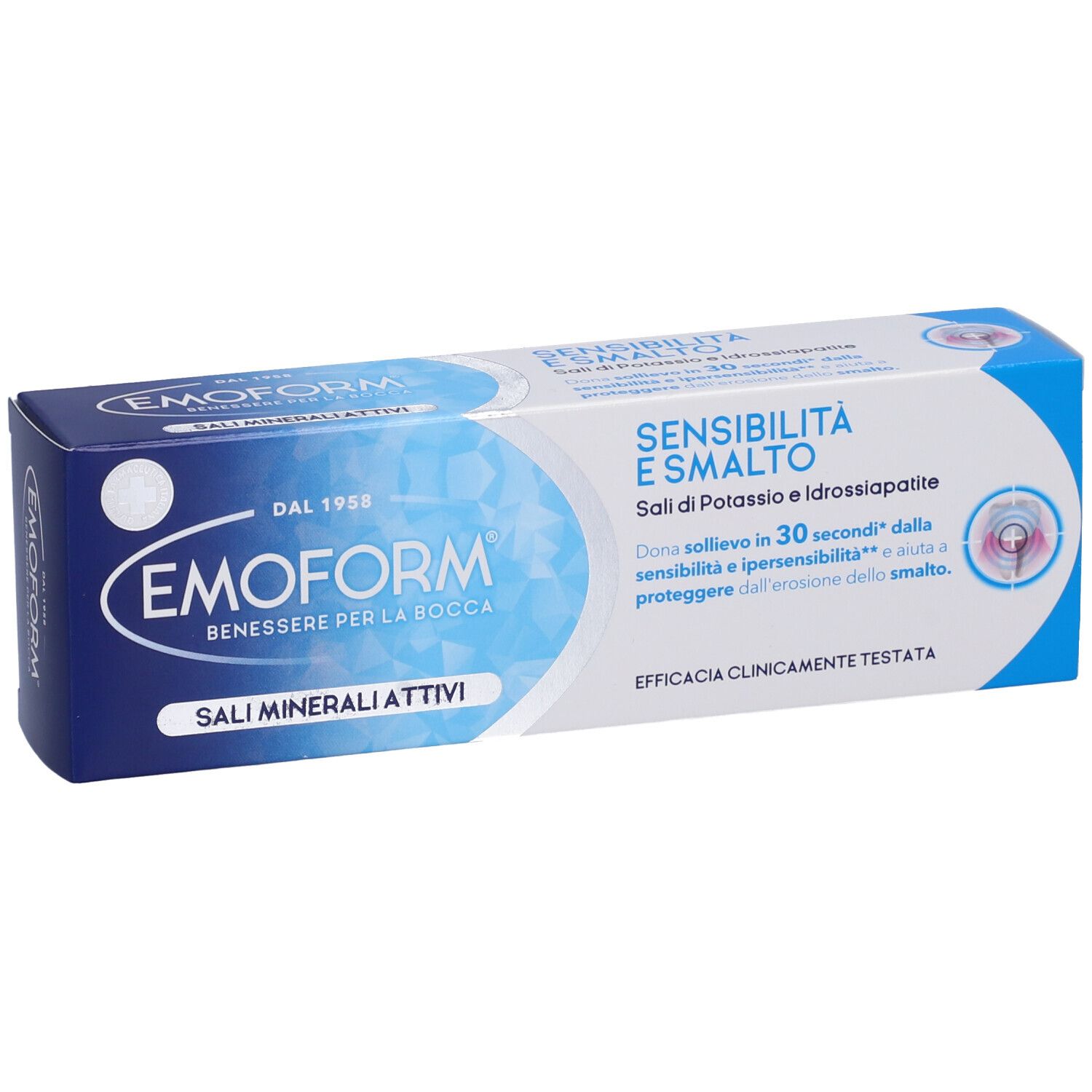 Emoform Zahnpasta-Verpackung mit Text 'Sensibilità e Smalto' und 'Sali Minerali Attivi'.