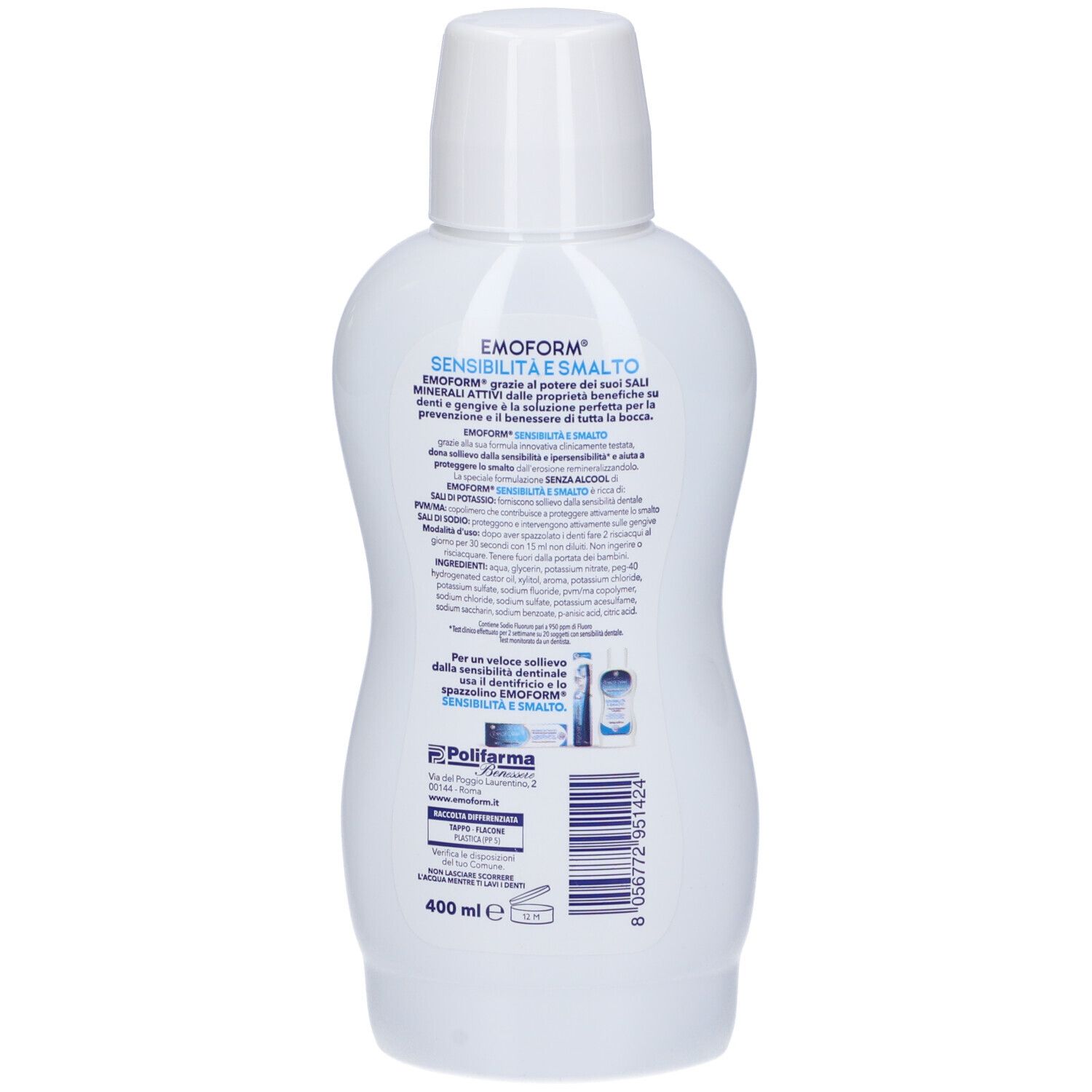 Weiße Flasche Emoform Sensibilità e Smalto Mundspülung, 400 ml.