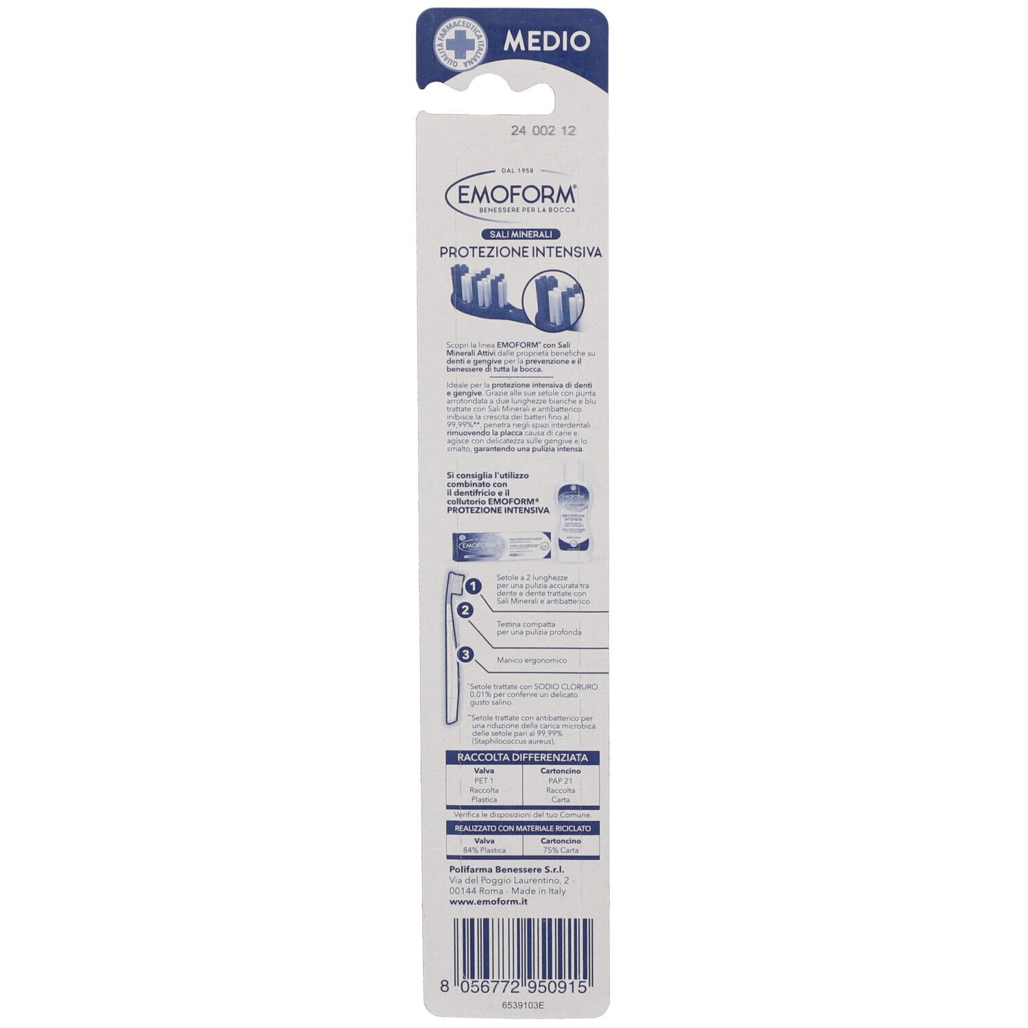 Verpackung einer EMOFORM Zahnbürste mit detaillierten Anwendungshinweisen und Produktinformationen.