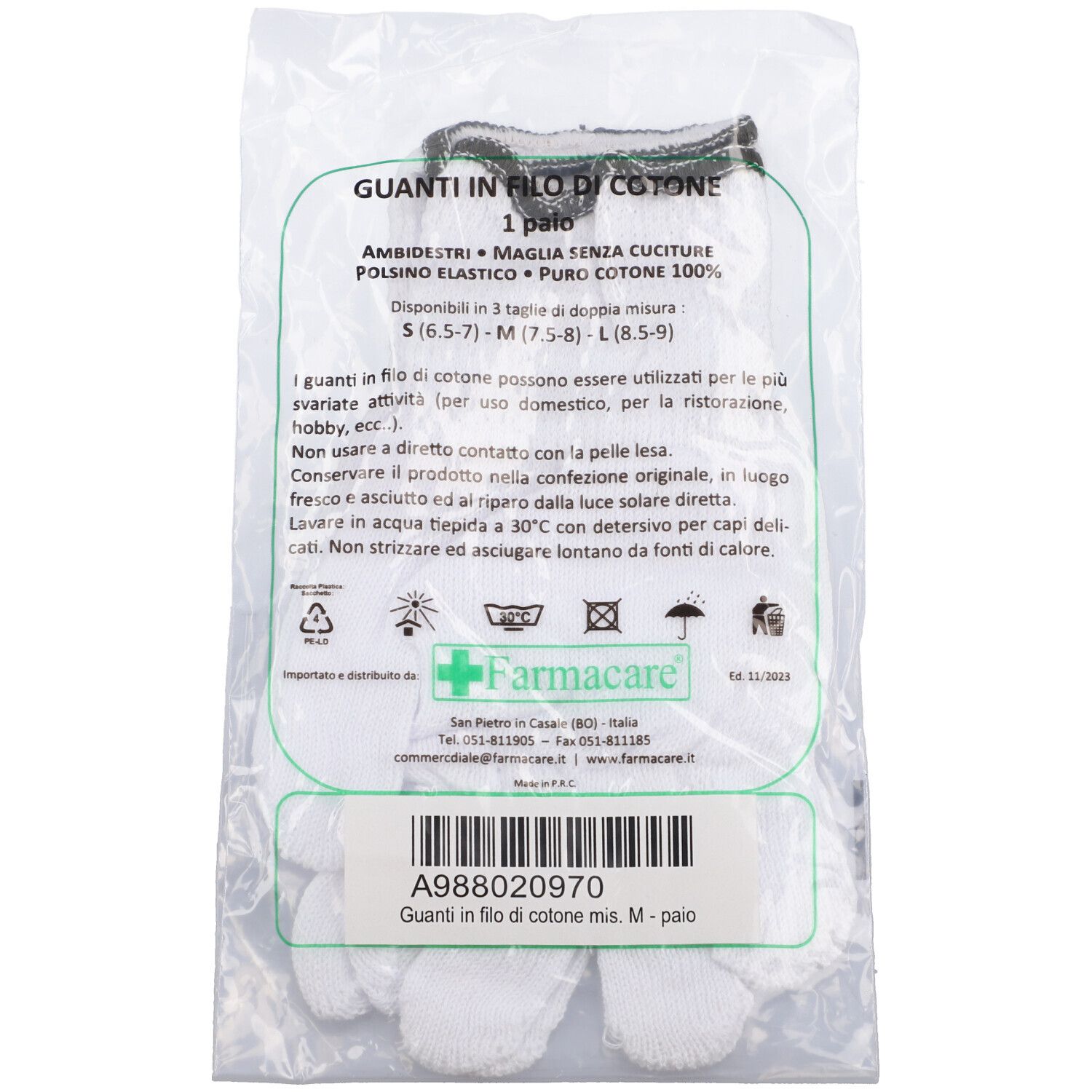 Farmacare Guanti in Filo 100% Cotone Taglia M Polsino Verde