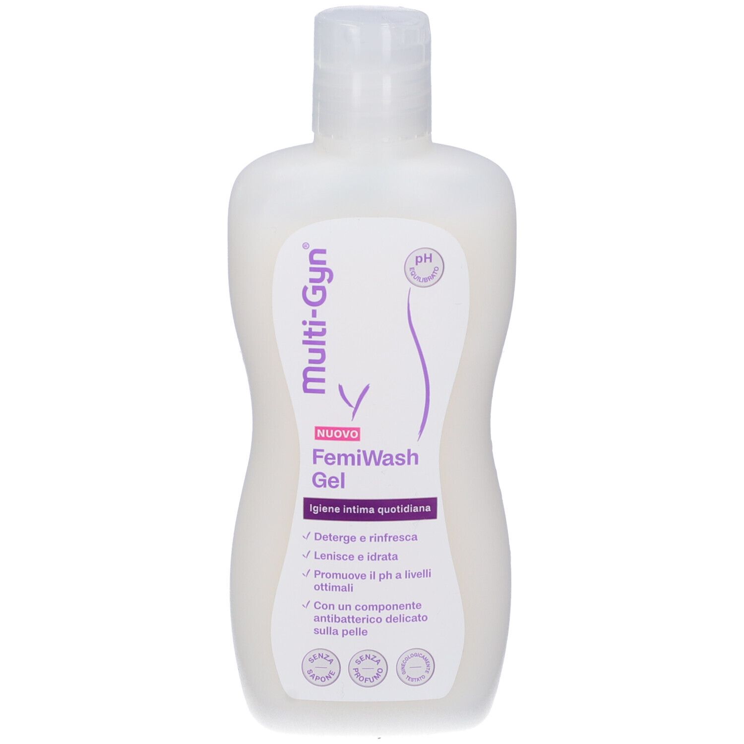 Multi-Gyn FemiWash Gel in weißer Flasche mit Aufkleber, der pH-Wert und Intimpflege angibt.