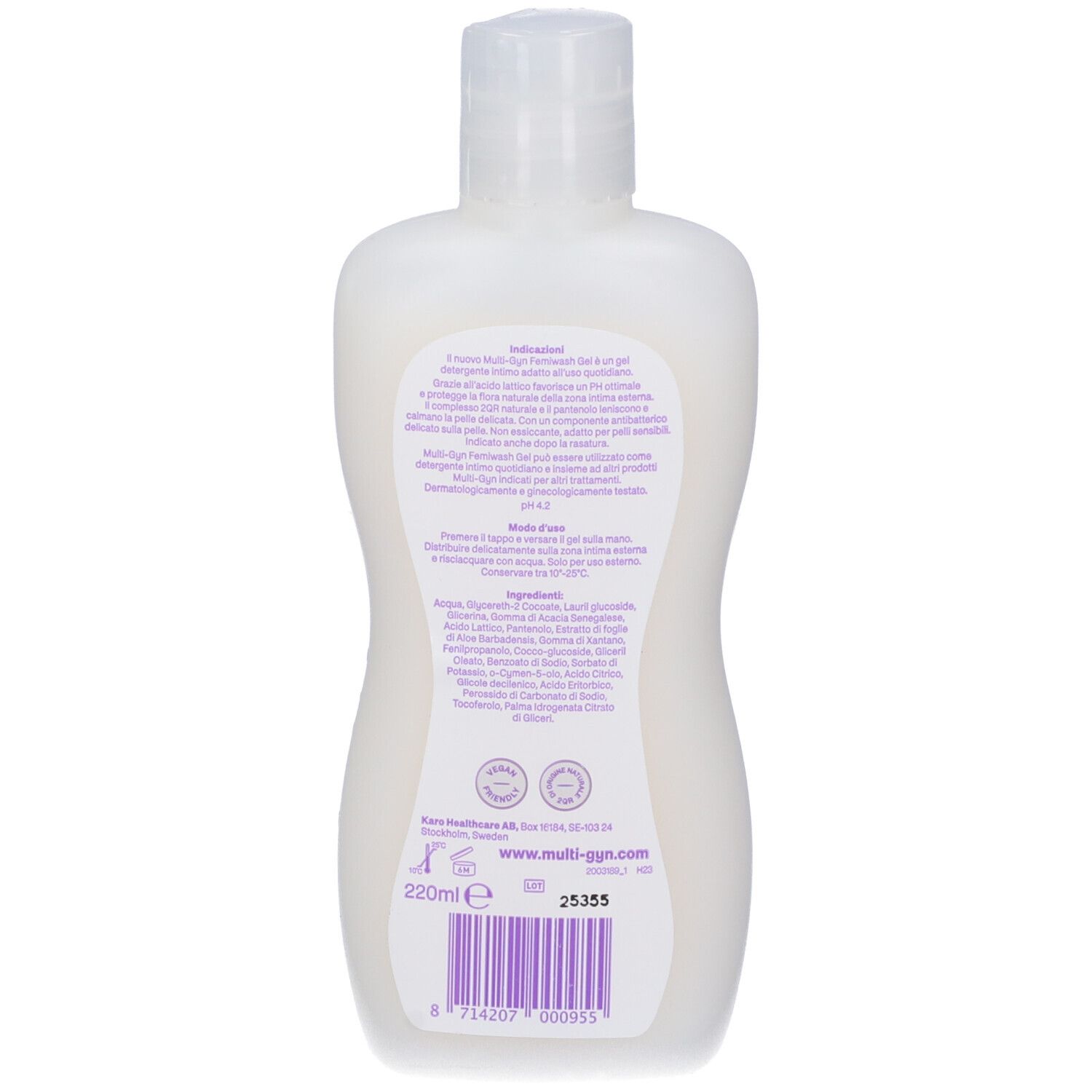 Weiße Flasche mit Etikett, 220ml Inhalt, Barcode und Produktinformationen.