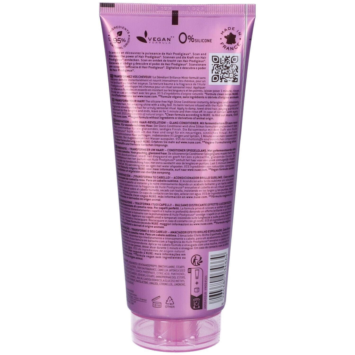Retro del tubo lilla. Testo multilingue. Logo vegano. Prodotto in Francia. Codice QR.