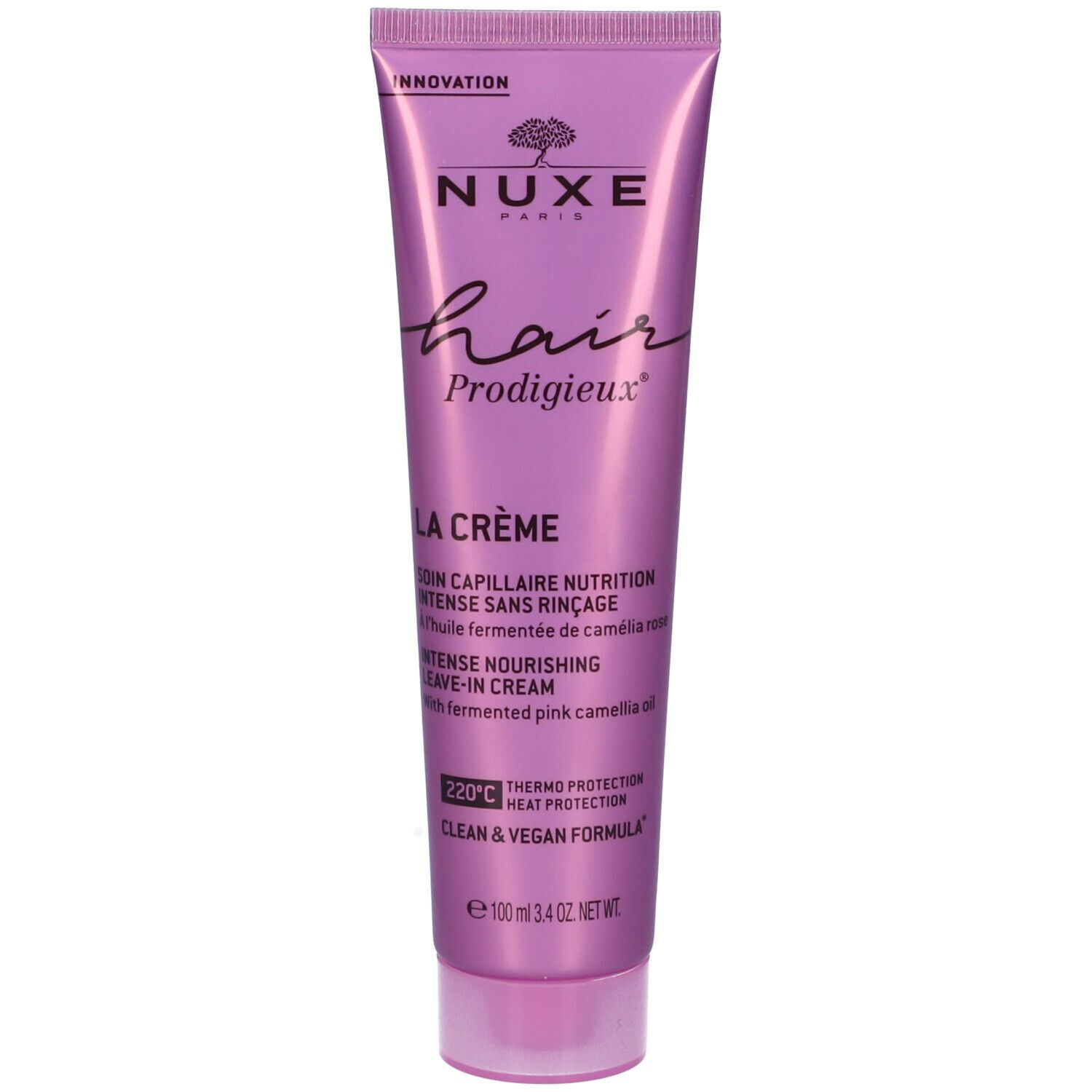 Tubo lilla. NUXE Hair Prodigieux La Crème. Testo frontale. Protezione termica 220°C. Formula Clean & Vegan.