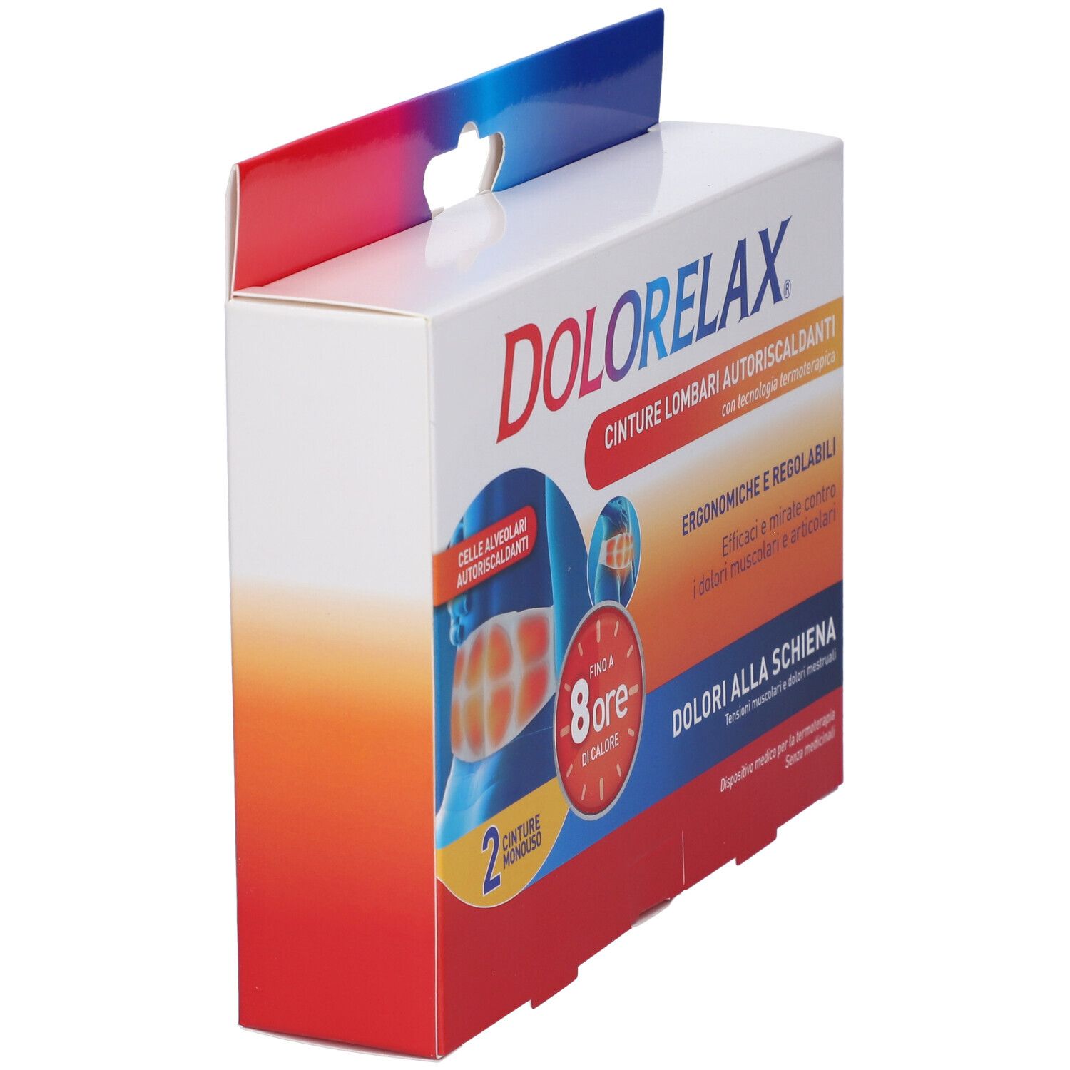 Verpackung von Dolorelax, selbstwärmende Lendenstützen. Weiß, rot und blau. Produktname und Beschreibung. Ansicht von der Seite.