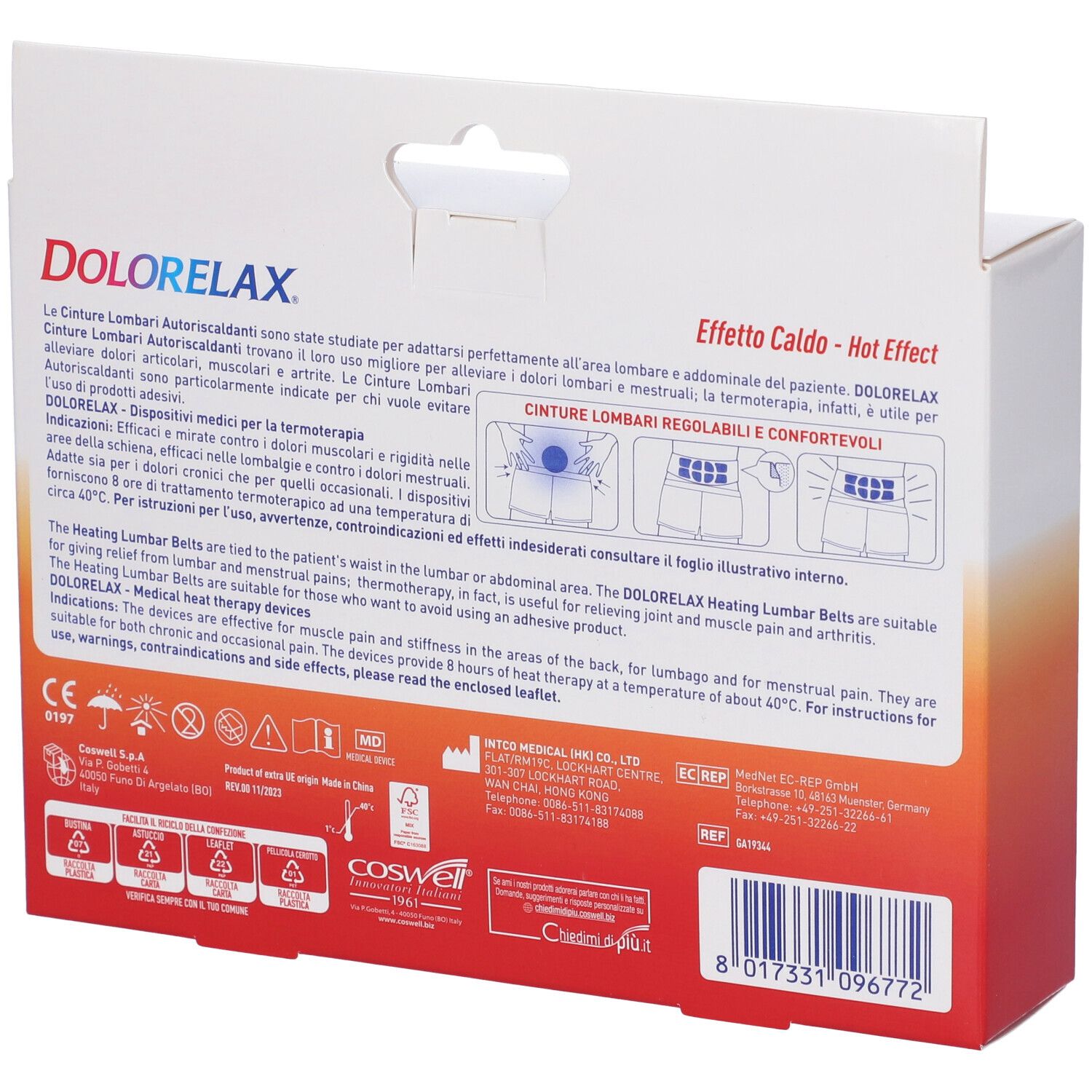 Rückseite der Dolorelax-Verpackung. Text in italienischer Sprache. Informationen zu Gebrauch und Warnhinweisen. CE-Kennzeichnung.