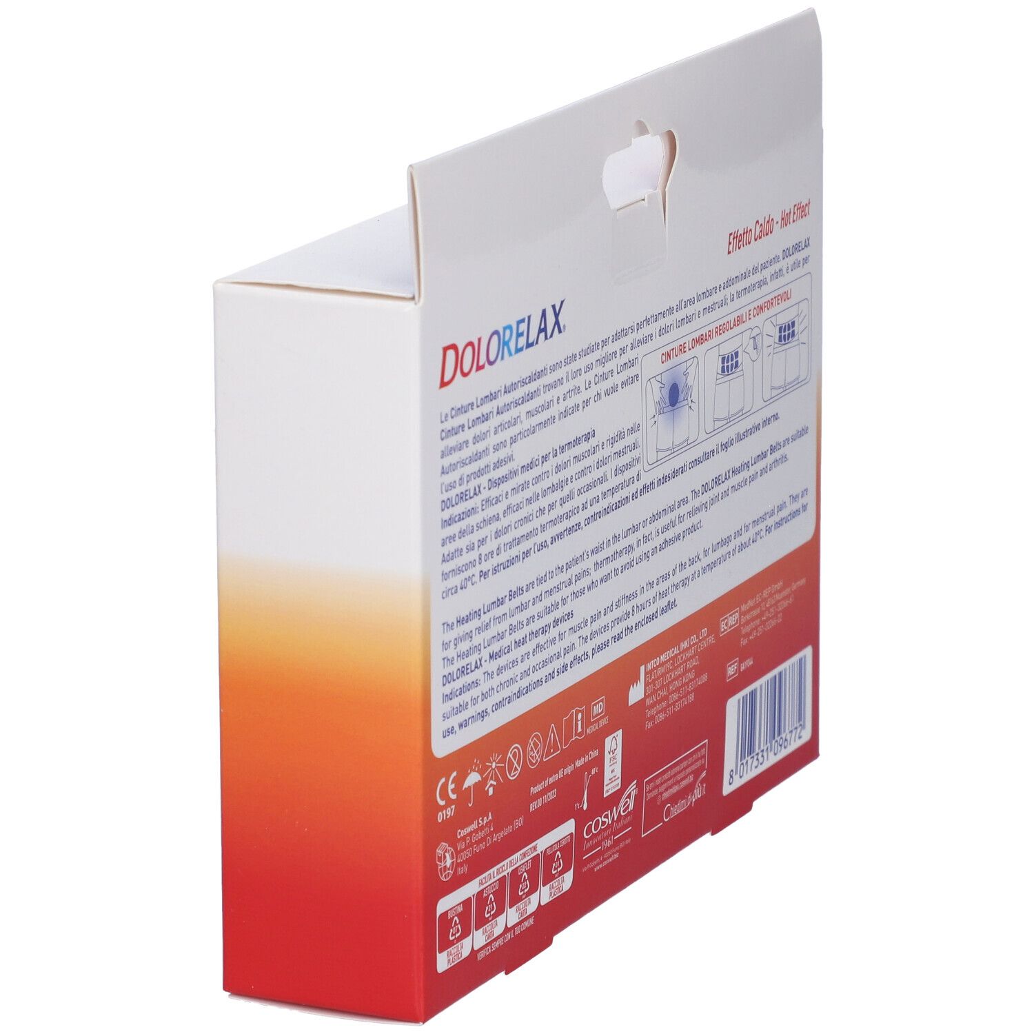 Seite der Dolorelax-Verpackung. Text in italienischer Sprache. Informationen zu Gebrauch und Warnhinweisen. CE-Kennzeichnung.