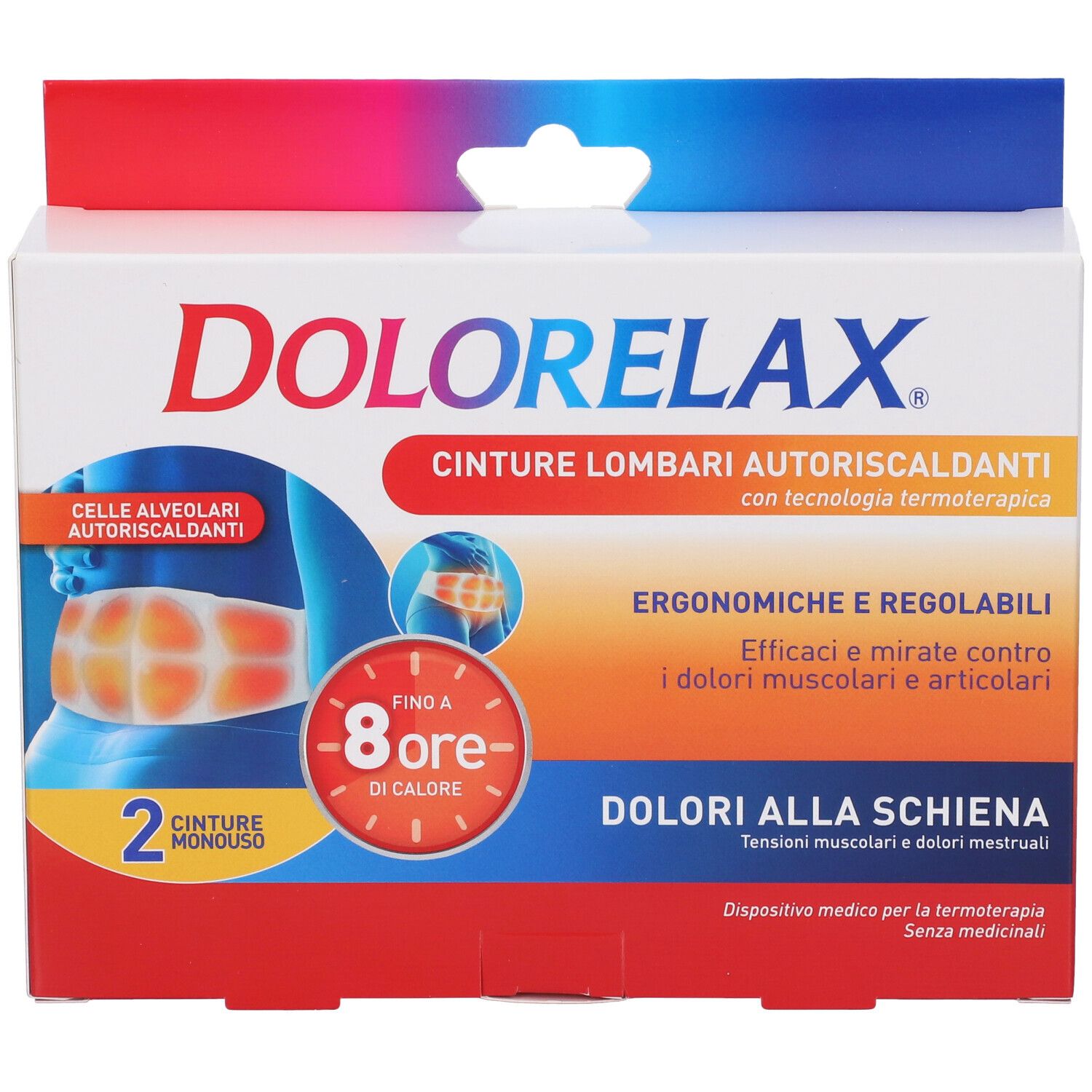 Verpackung von Dolorelax, selbstwärmende Lendenstützen. Enthält 2 Stück. Rote, blaue und weiße Farben. Text: '8 ore di calore'.