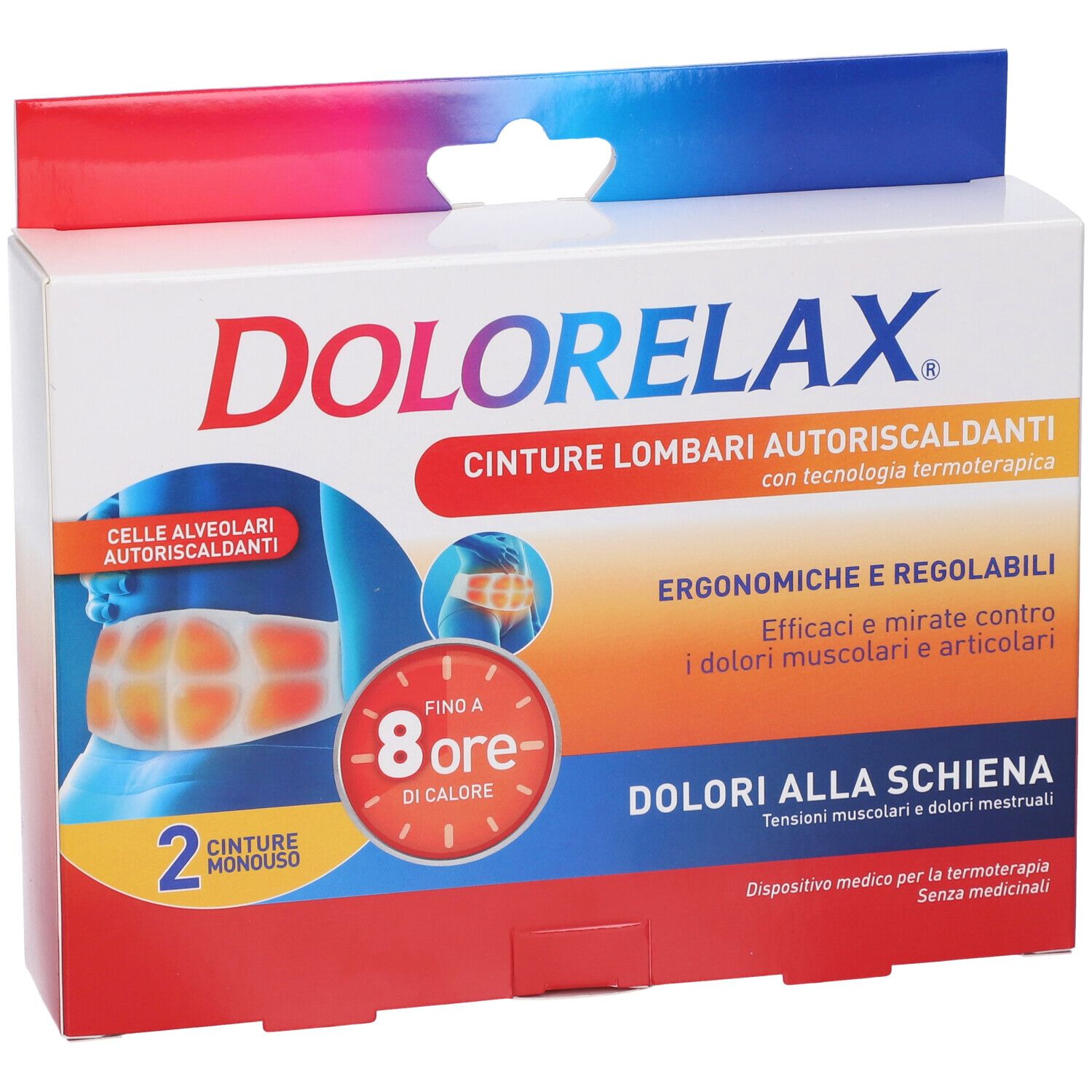 Verpackung von Dolorelax, selbstwärmende Lendenstützen. Enthält 2 Stück. Rote, blaue und weiße Farben. Text: '8 ore di calore'.
