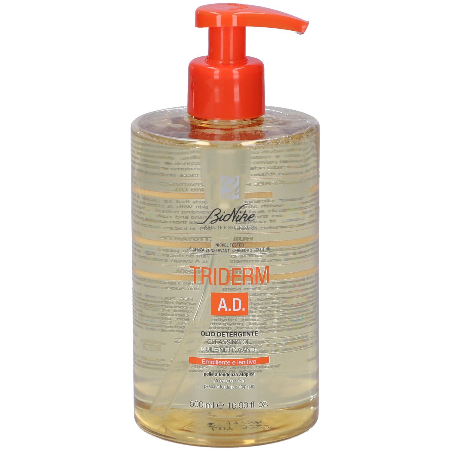 Flacone trasparente con erogatore arancione. Scritta TRIDERM A.D. e OLIO DETERGENTE.