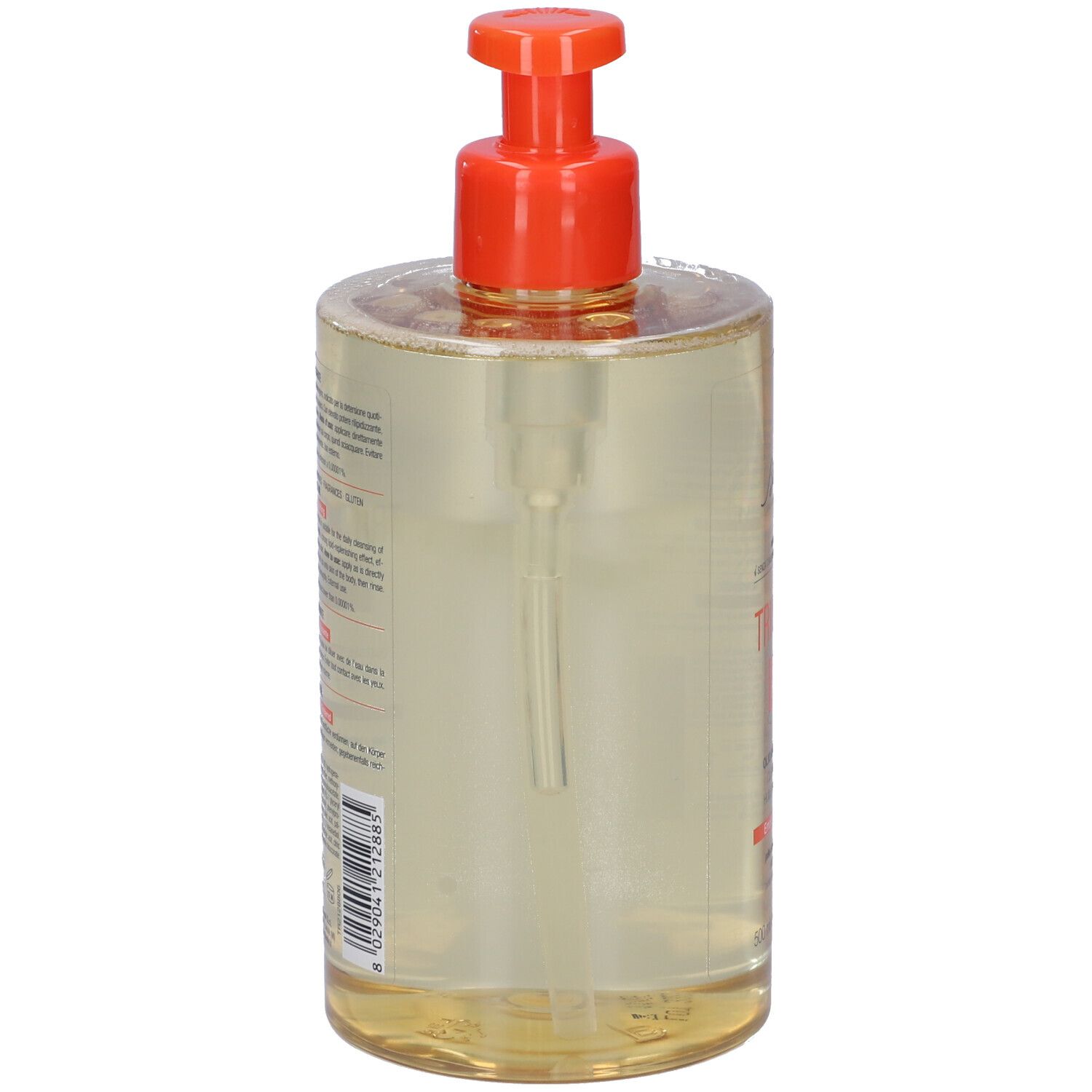 Flacone trasparente con erogatore arancione. Retro con testo e codice a barre.