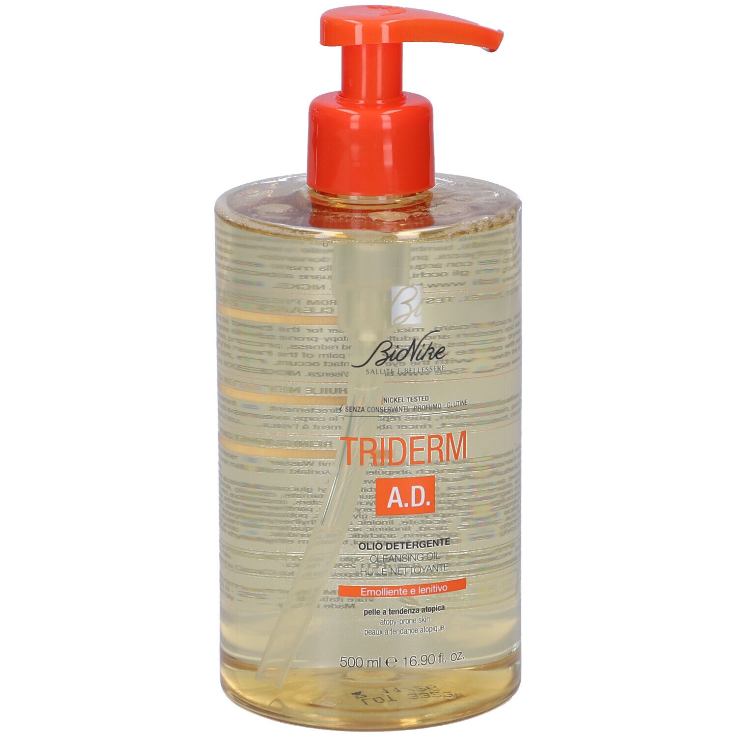 Flacone trasparente con erogatore arancione. Scritta TRIDERM A.D. e OLIO DETERGENTE.
