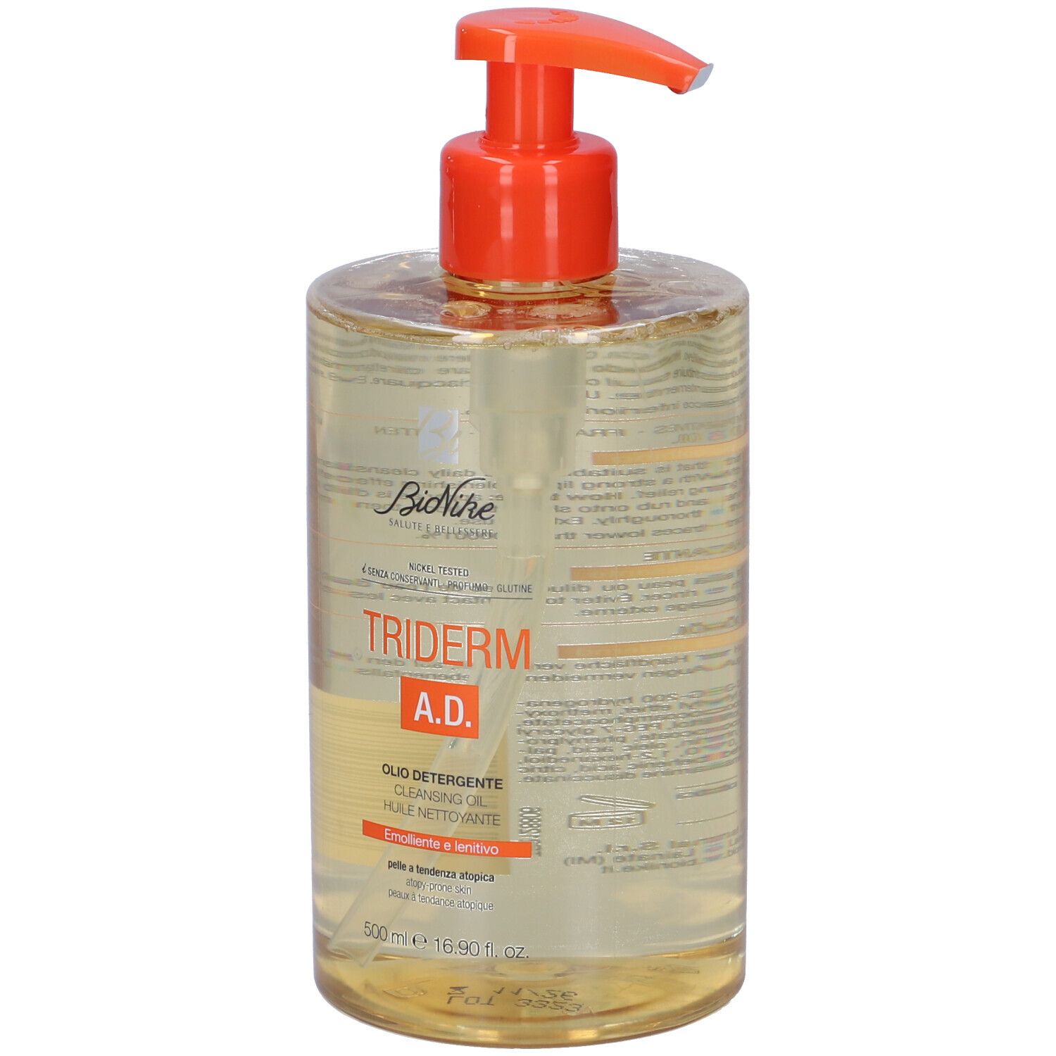 Flacone trasparente con erogatore arancione. Scritta TRIDERM A.D. e OLIO DETERGENTE.