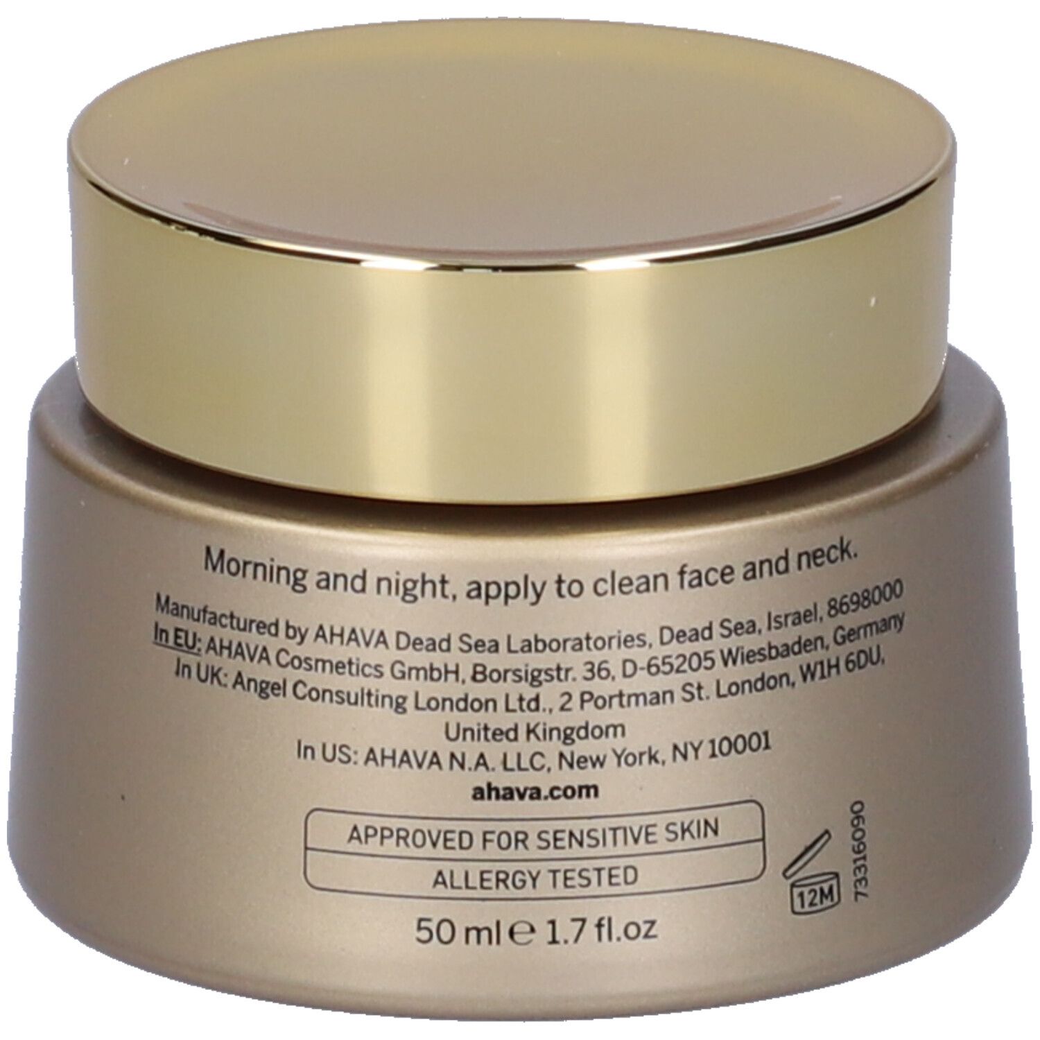 AHAVA Crema Levigante. Goldfarbener Tiegel mit goldenem Deckel. Text auf dem Tiegel: Anwendung, Hersteller, Inhaltsstoffe, 50 ml.