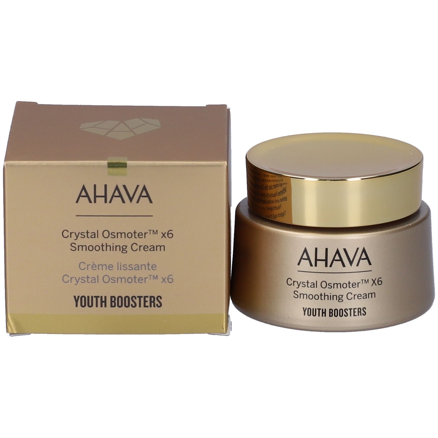 AHAVA Crema Levigante. Tiegel und Schachtel. Aufschrift AHAVA, Crystal Osmoter X6, Smoothing Cream, Crème lissante, Youth Boosters.