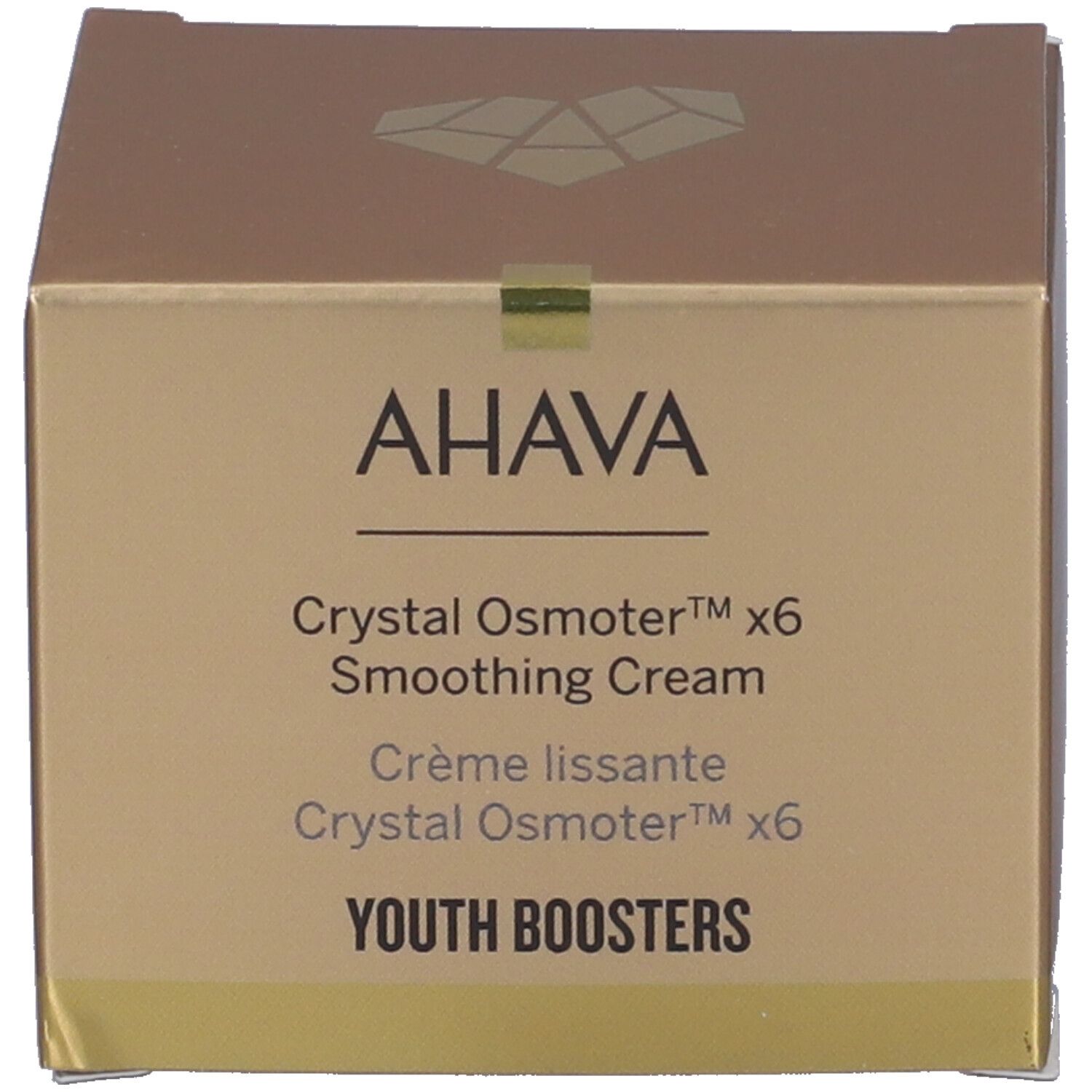 AHAVA Crema Levigante. Schachtel. Aufschrift AHAVA, Crystal Osmoter X6, Smoothing Cream, Crème lissante, Youth Boosters.