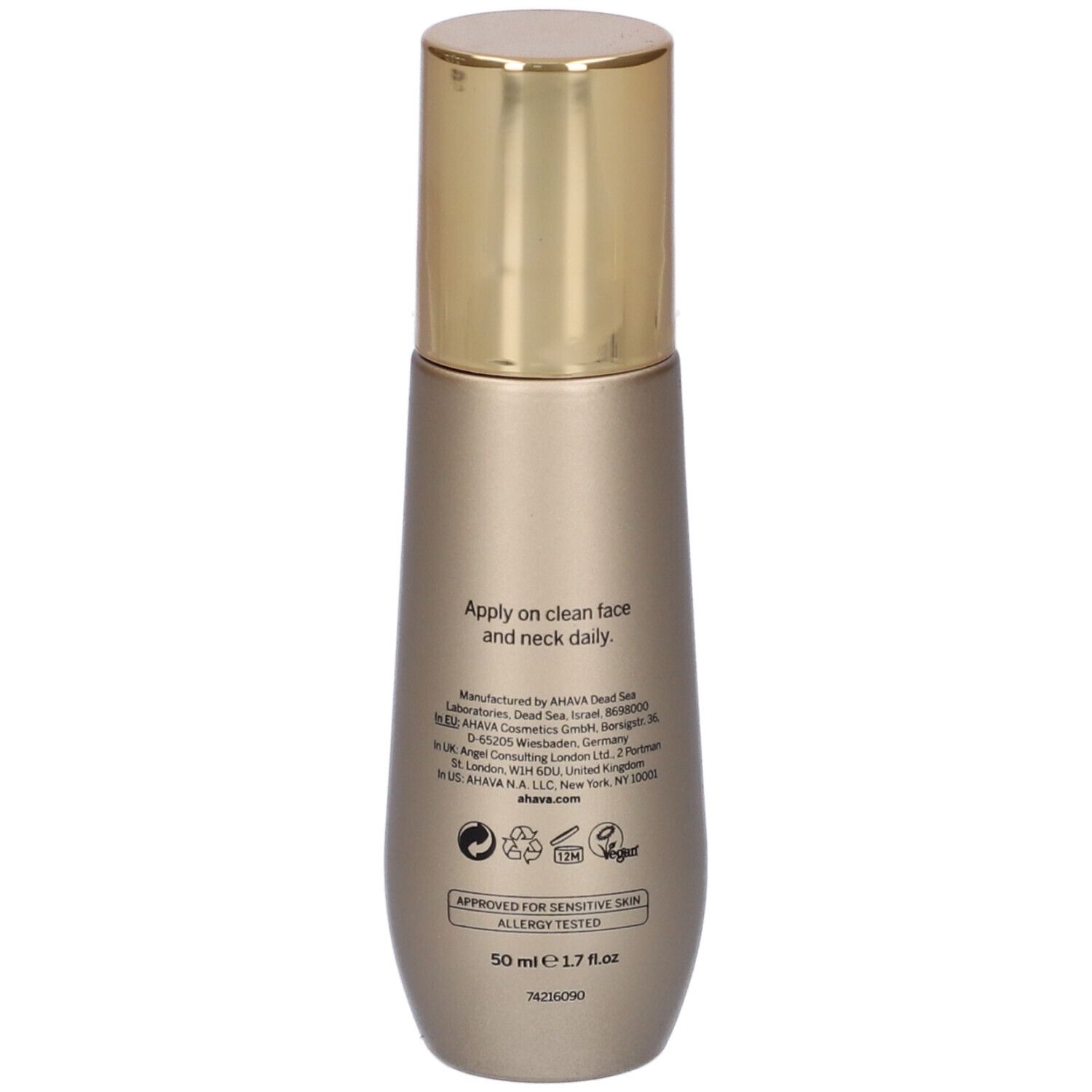 AHAVA Osmoter™ Concentrate Smoothing Lotion. Goldfarbene Flasche mit goldenem Deckel. Rückseite mit Text und Logos.