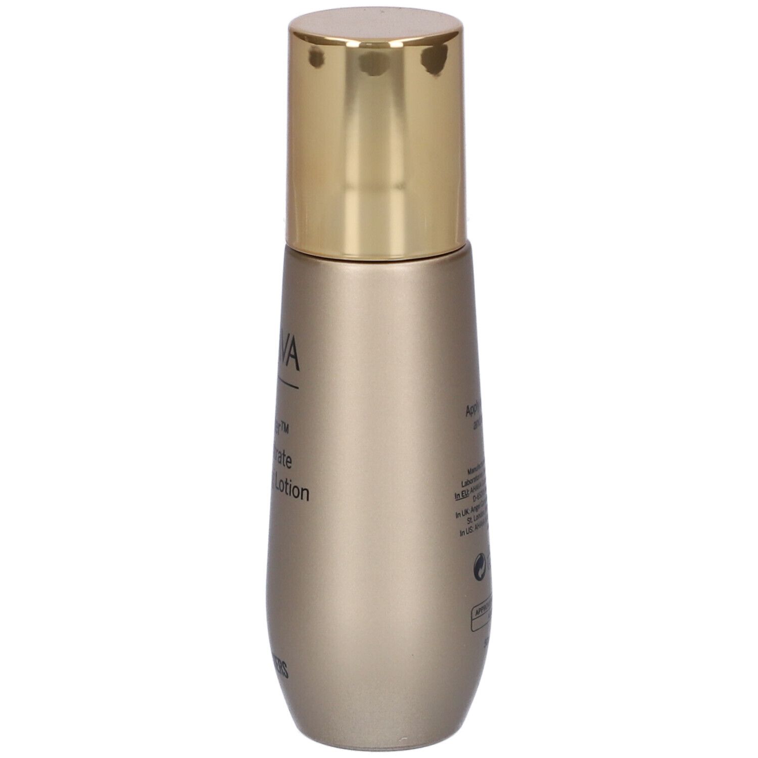 AHAVA Osmoter™ Concentrate Smoothing Lotion. Goldfarbene Flasche mit goldenem Deckel. Seitenansicht mit Text.