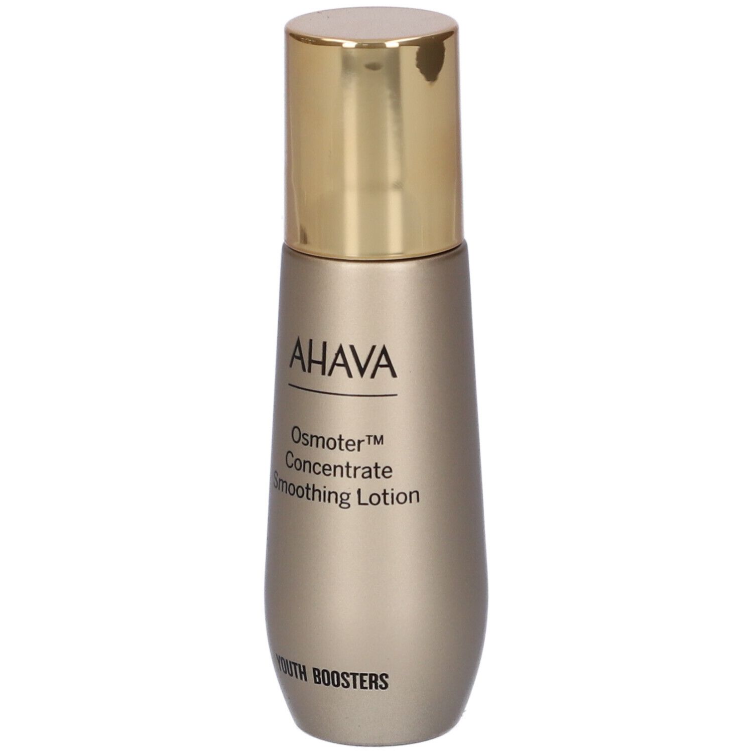 AHAVA Osmoter™ Concentrate Smoothing Lotion. Goldfarbene Flasche mit goldenem Deckel. Aufschrift AHAVA und Produktname.