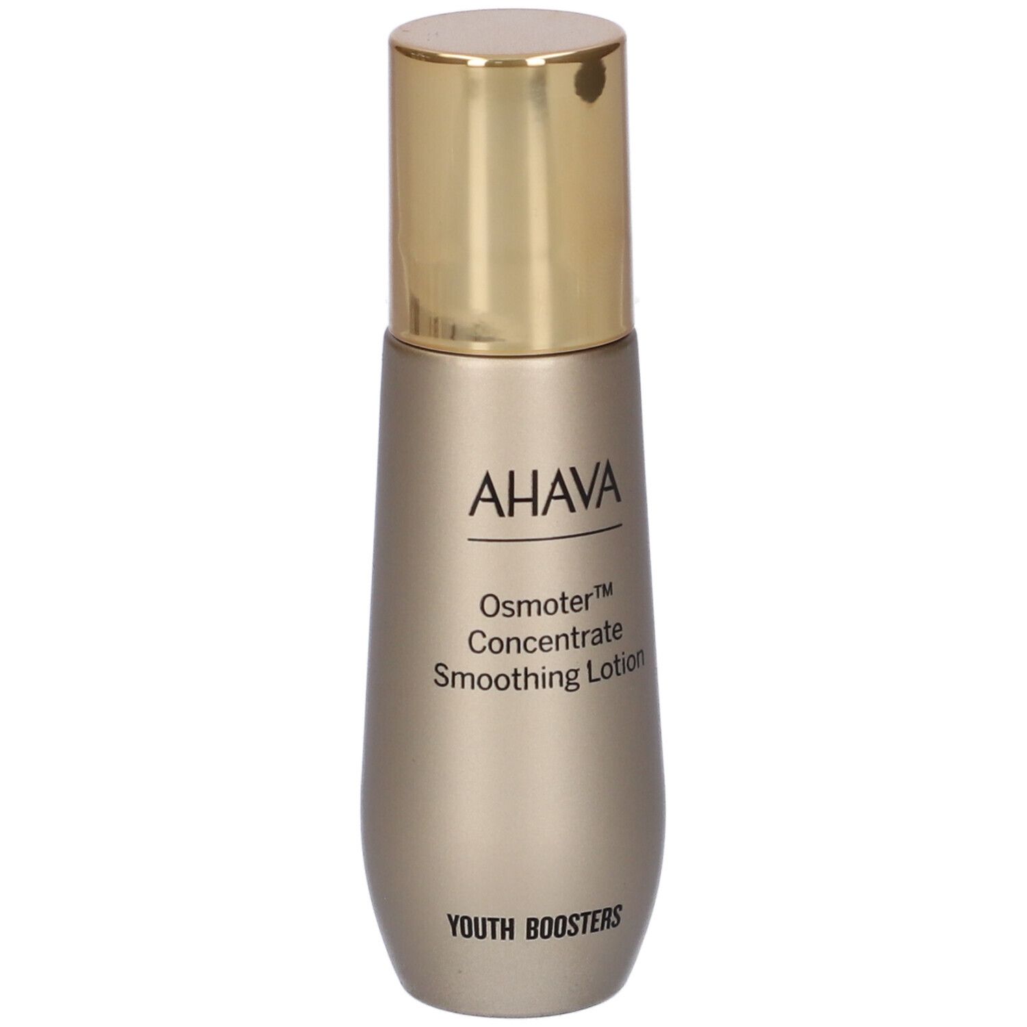 AHAVA Osmoter™ Concentrate Smoothing Lotion. Goldfarbene Flasche mit goldenem Deckel. Aufschrift AHAVA und Produktname.
