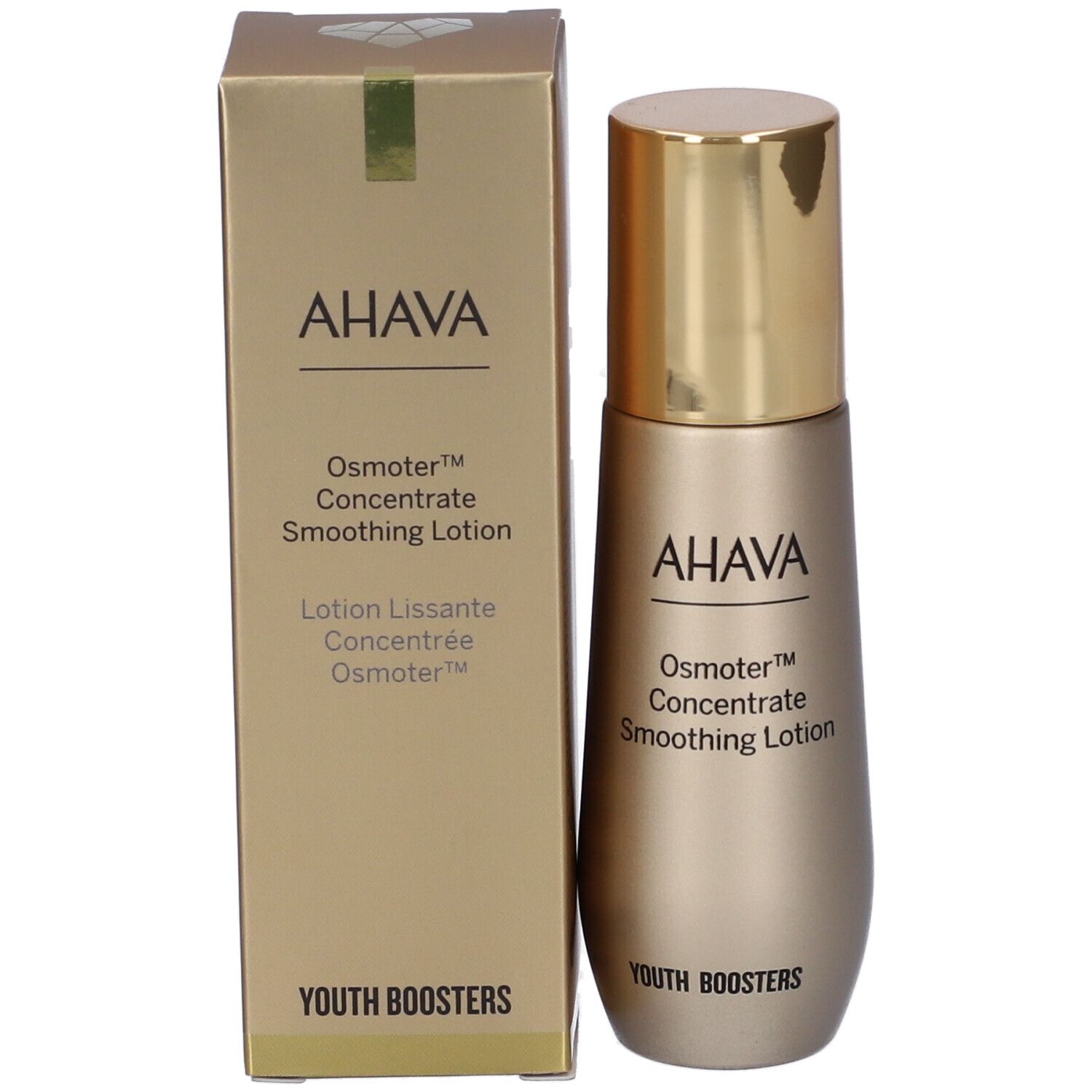 AHAVA Osmoter Konzentrat Glättende Lotion in goldener Flasche mit Umverpackung. Youth Boosters.