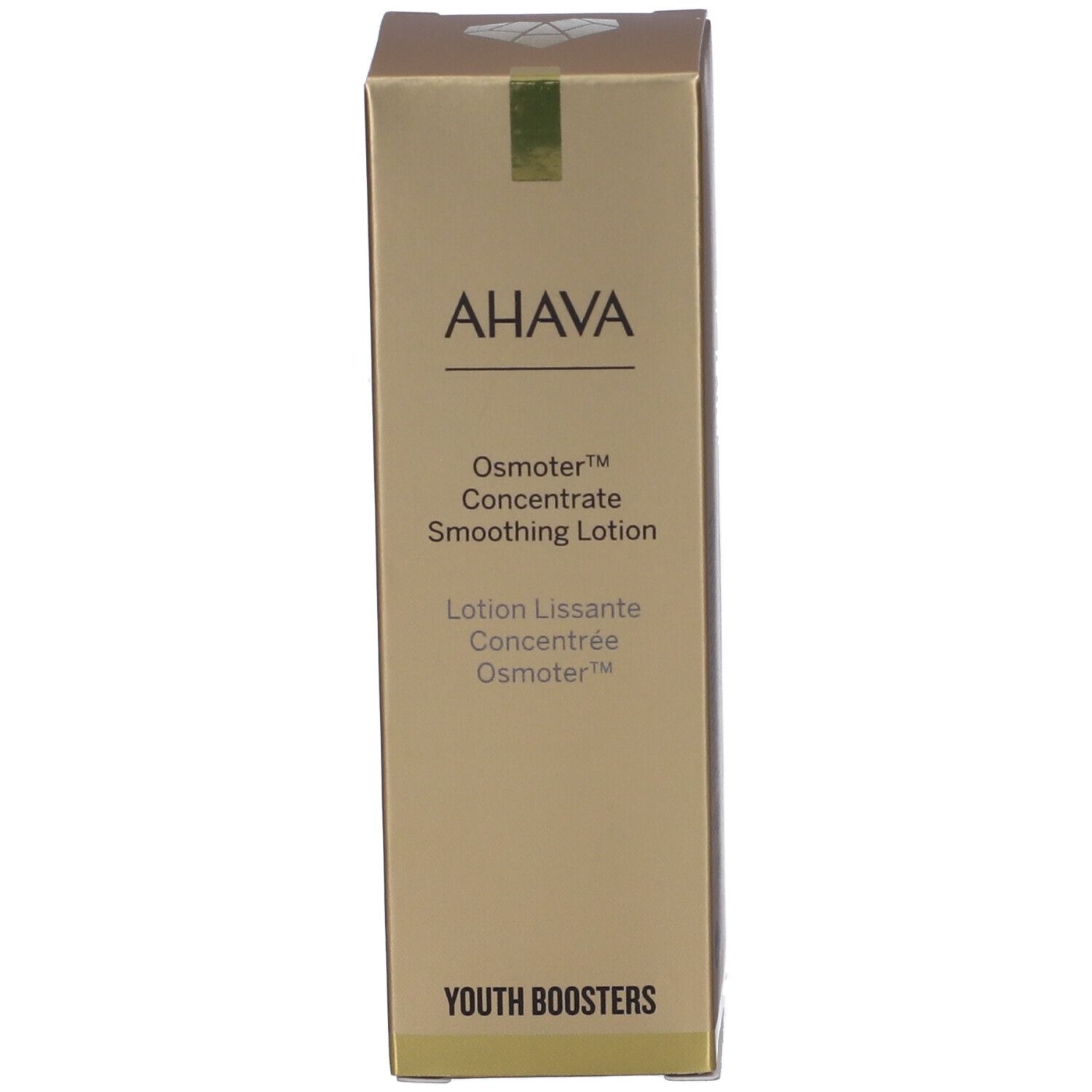 AHAVA Osmoter™ Concentrate Smoothing Lotion Verpackung. Goldfarbener Karton. Aufschrift AHAVA und Produktname.