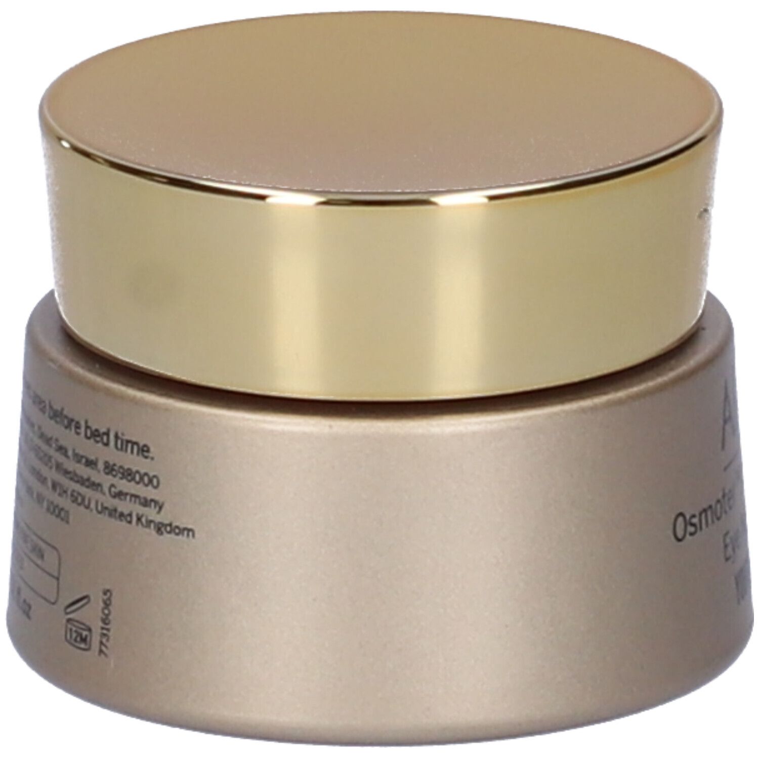 AHAVA Osmoter™ Skin-Responsive Eye Night Cream. Dose, goldfarben mit goldenem Deckel. Text und Logos.