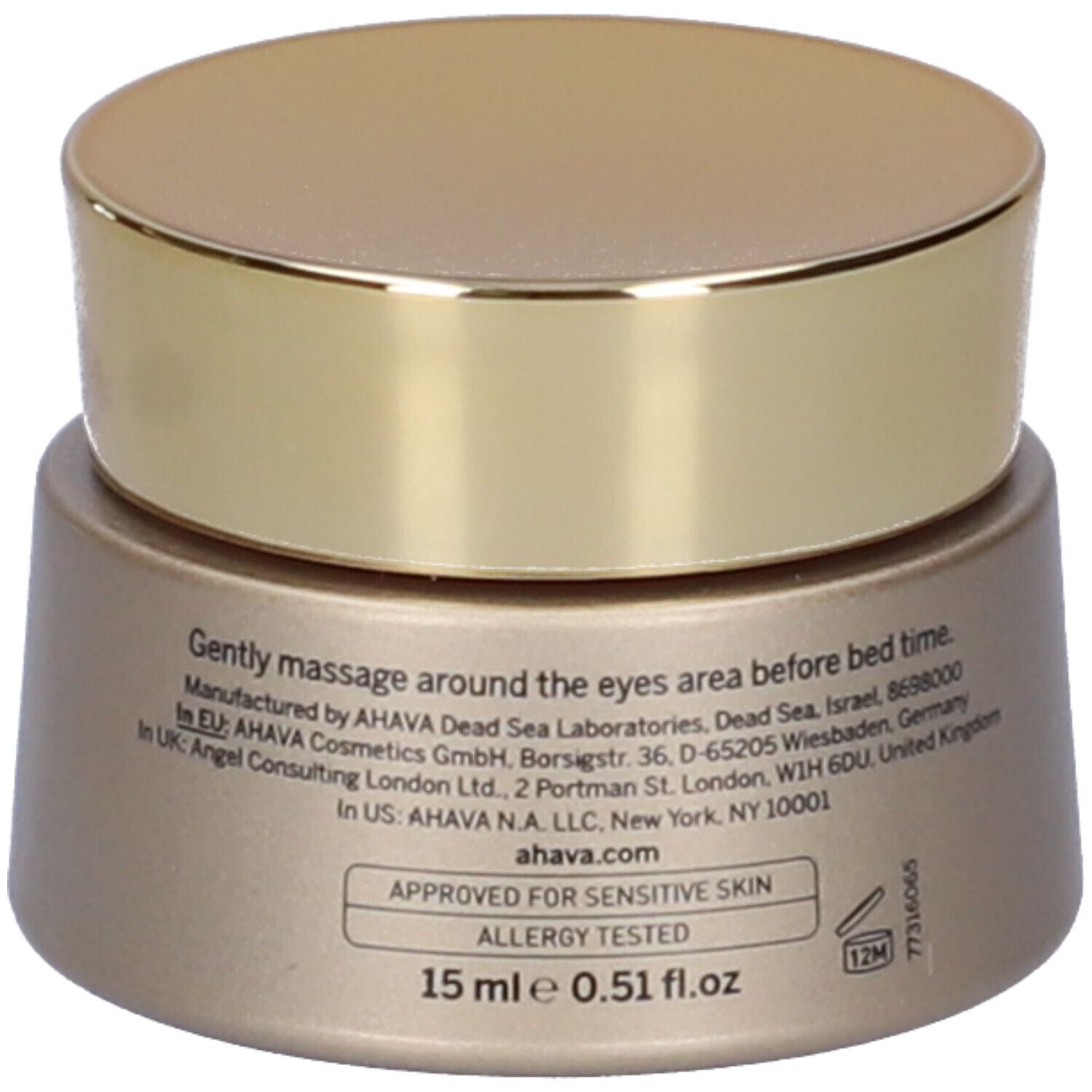 AHAVA Osmoter™ Skin-Responsive Eye Night Cream. Goldfarbene Dose mit goldenem Deckel. Text, Logos und Zertifizierungen.