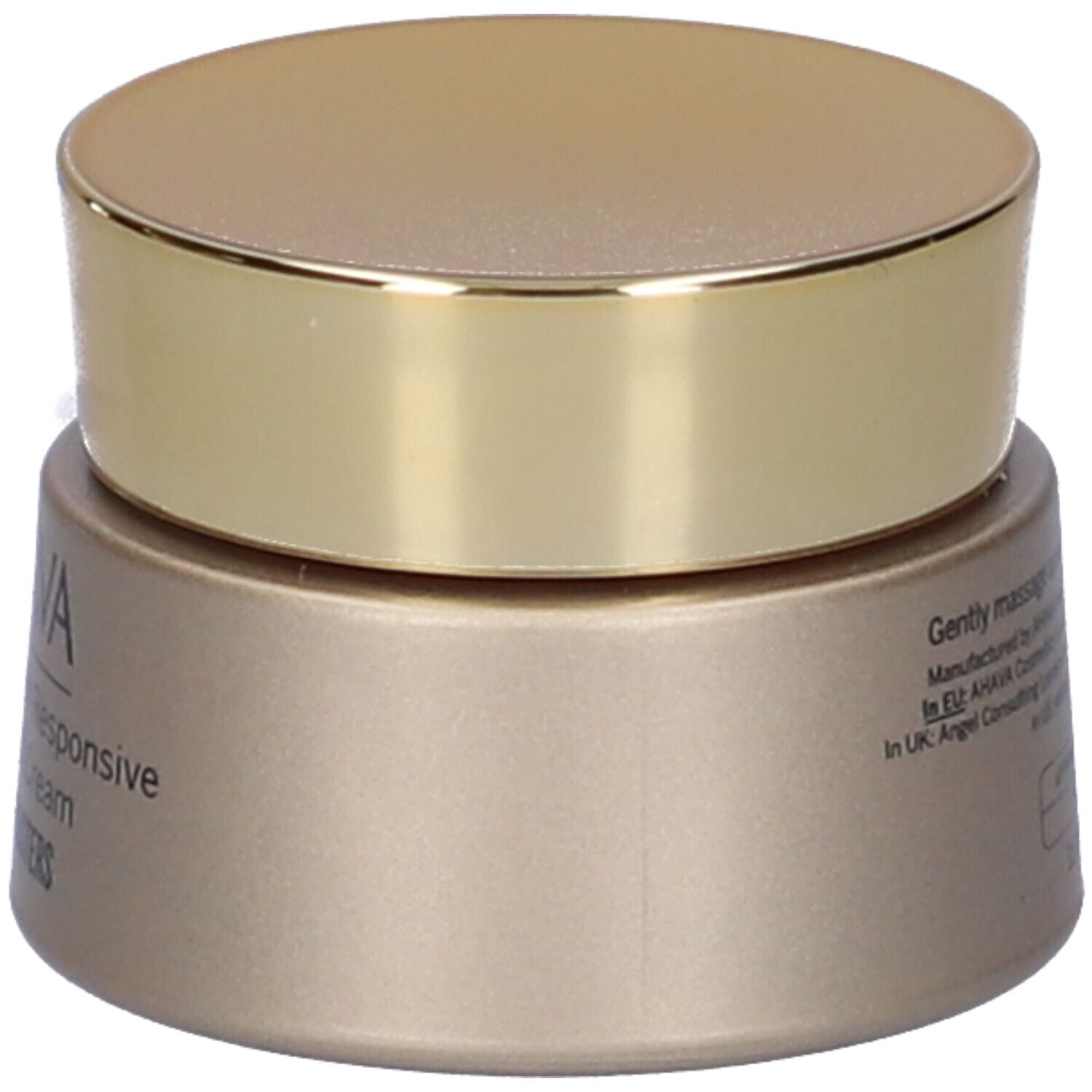 AHAVA Osmoter™ Skin-Responsive Eye Night Cream. Goldfarbene Dose mit goldenem Deckel. Text und Logos.
